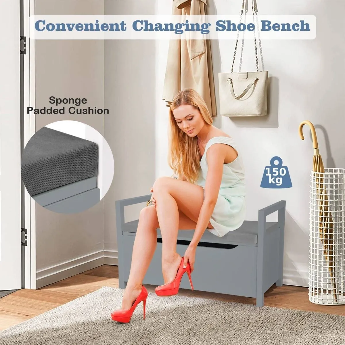 Costway 2 IN1 Wooden Shoe changing Bench Shoe Storage Cabinet Organizer Padded Seat in Grey 6