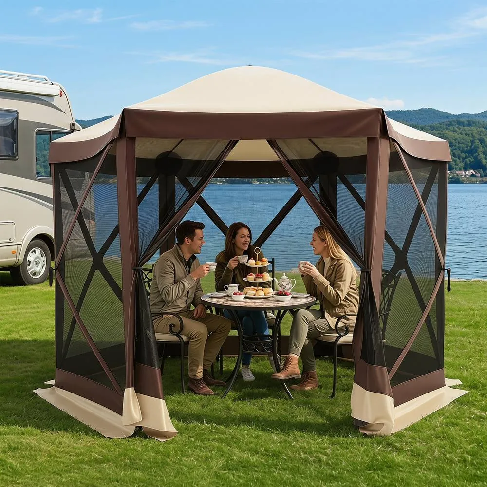 Costway Foldable Gazebo w/6 Net Sides & Zipped Door 6-Sided Garden Pavilion in Brown 3