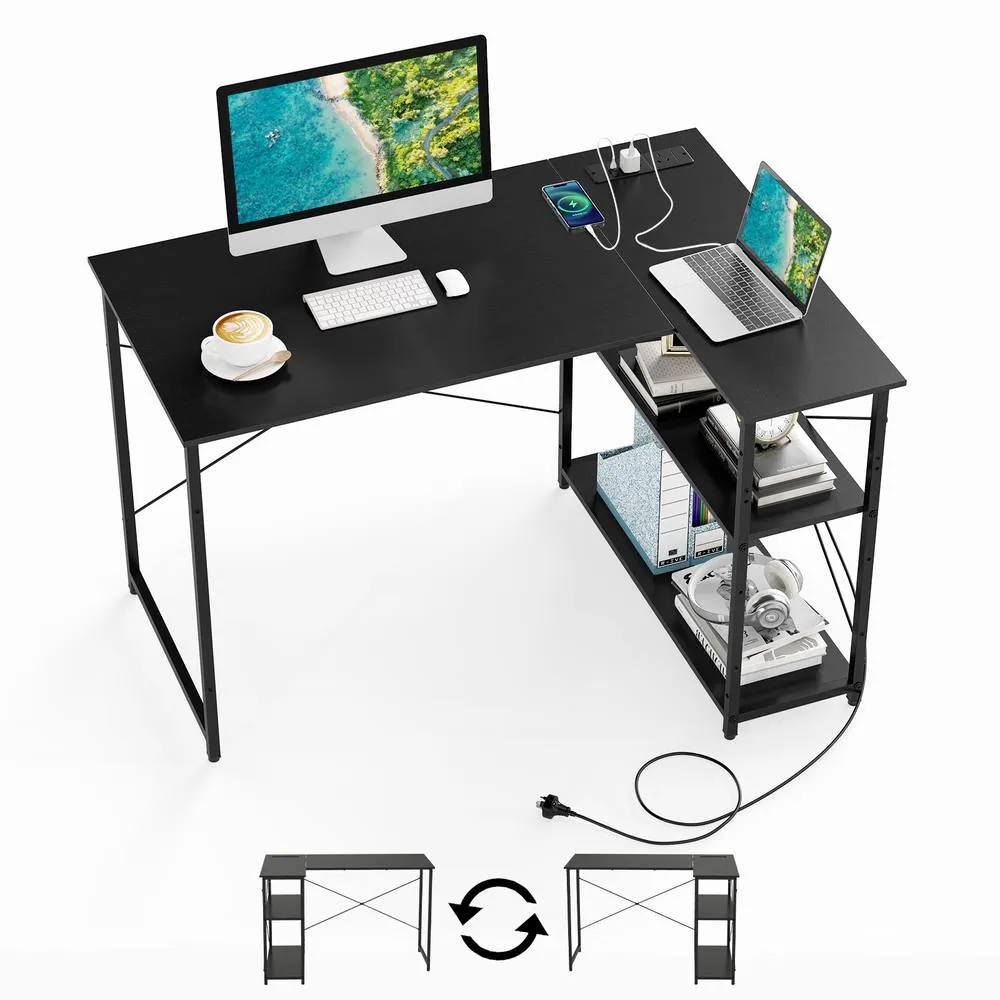 Costway L-shaped Computer Desk w/Power Outlet Workstation w/Reversible Shelves in Black 3