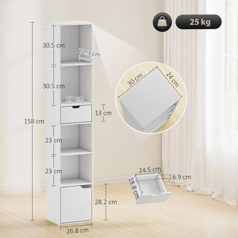 HOMCOM Narrow Bookshelf with Drawer, Tall Bookcase for Living Room in White 3