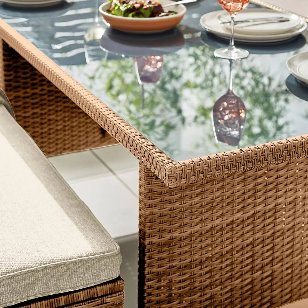 FurnitureboxUK Marbella Textured Grey Rattan Garden Dining Set Grey Cushions 9 Seat Outdoor Sofa, Glass Table Top 145x80cm in Beige 3
