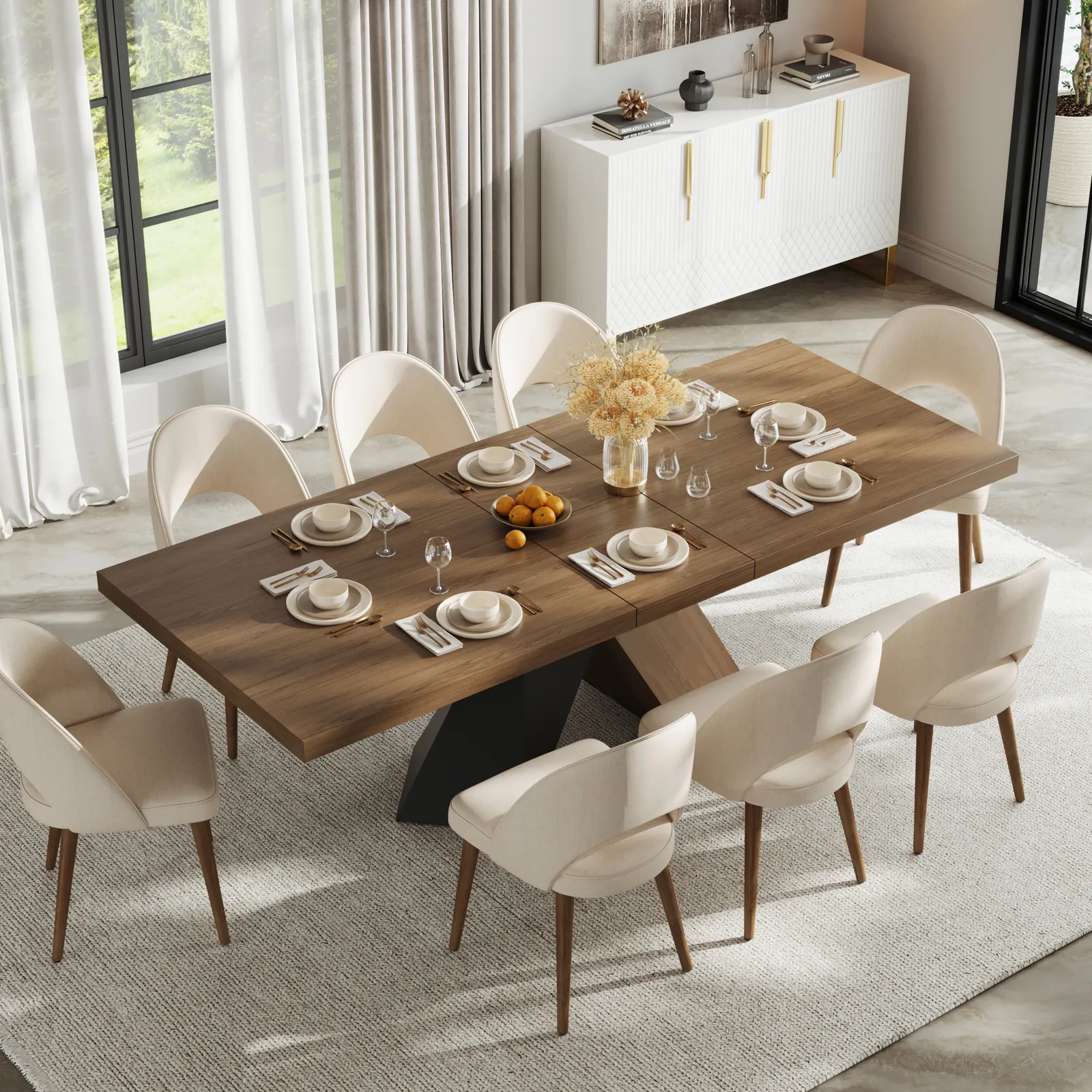 1600mm-2000mm Extendable Walnut Dining Table & 8 Walnut Japandi Rattan Dining Chairs