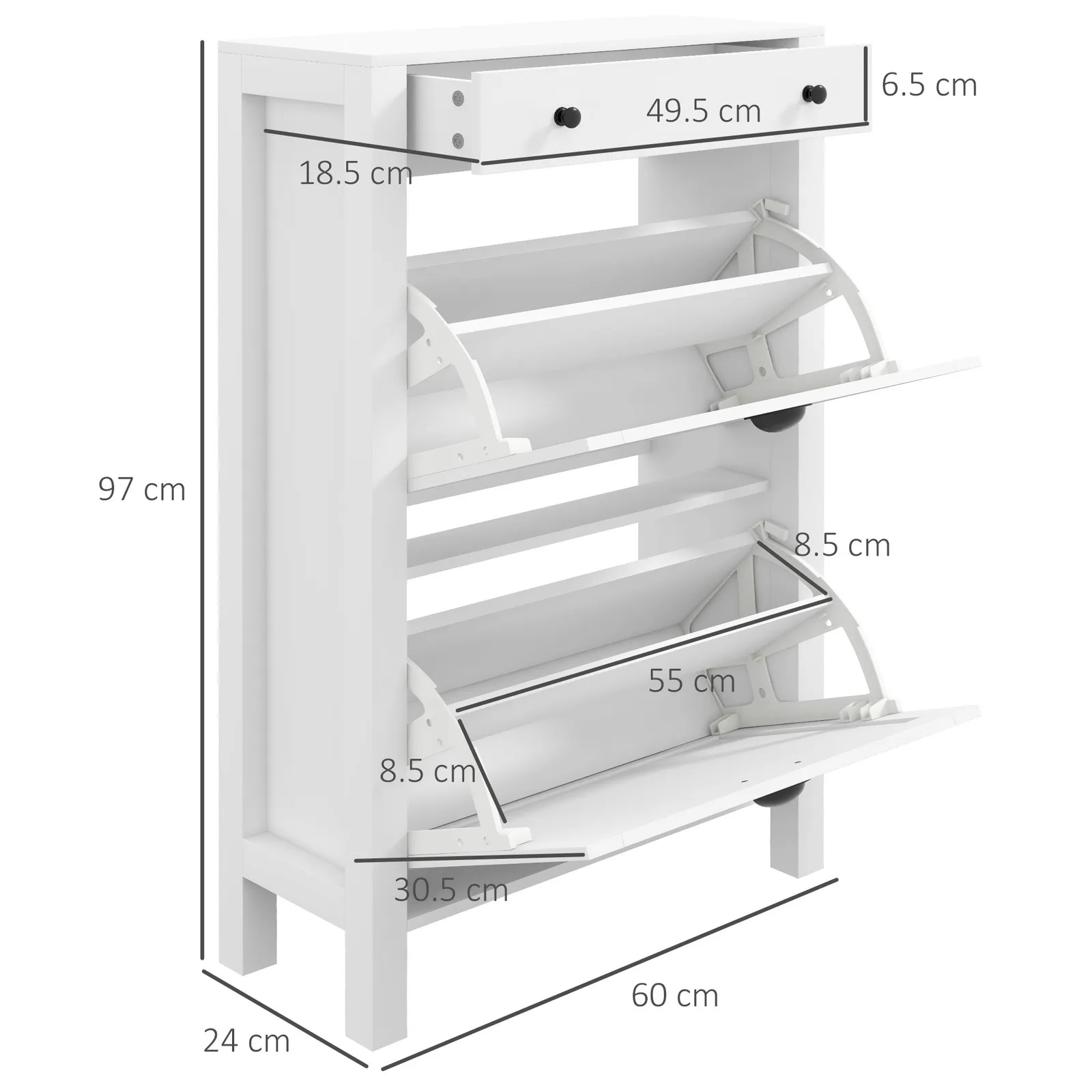 HOMCOM Narrow Shoe Cabinet with 2 Flip Drawers & Top Drawer, White 3