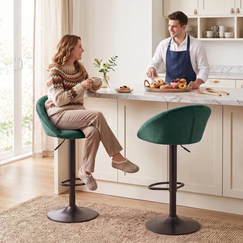 HOMCOM Bar Stools Set of 2 Velvet Adjustable Swivel in Dark Green 2