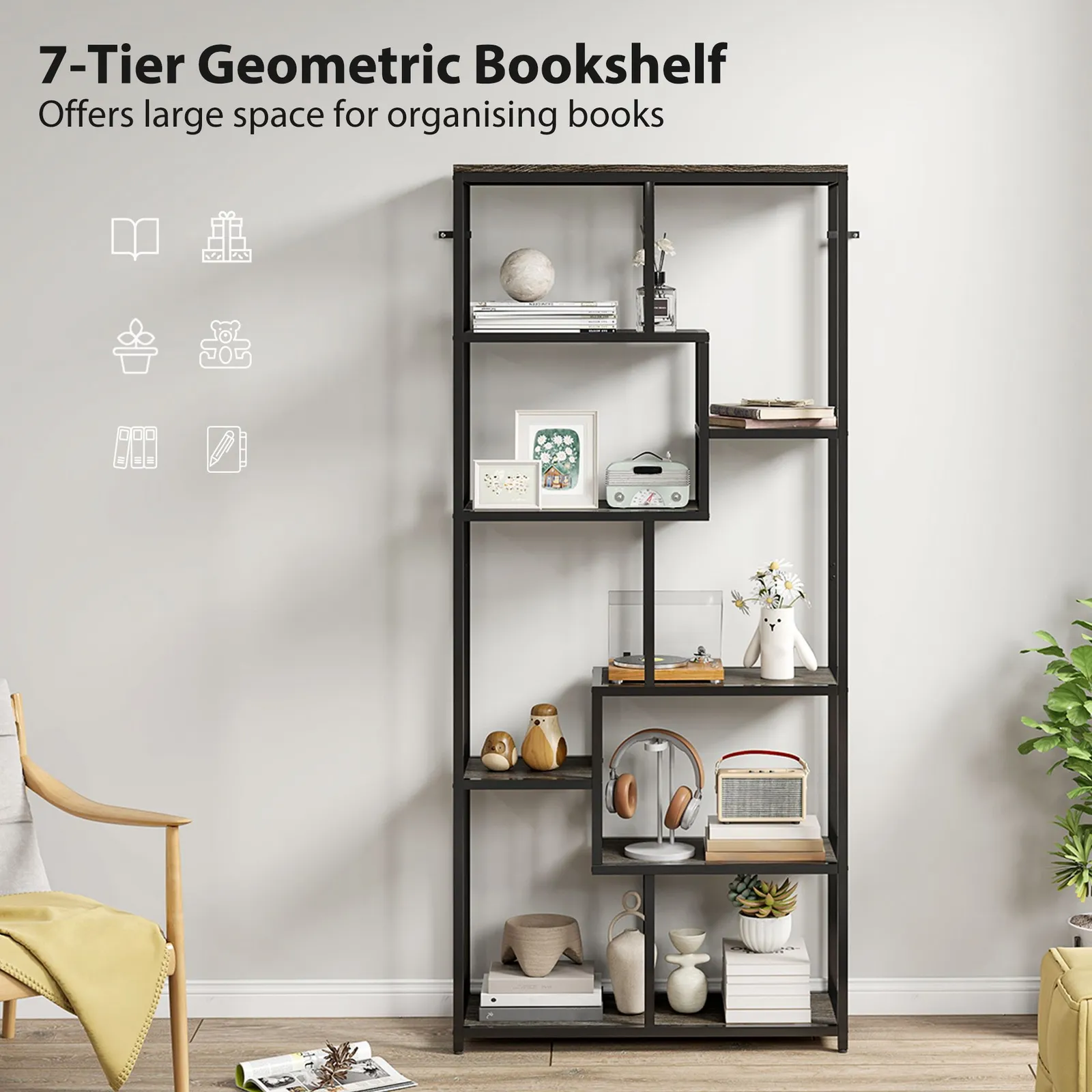 HOMCOM Industrial Bookcase 7-Tier Bookshelf Shelving Unit Grey Black 4
