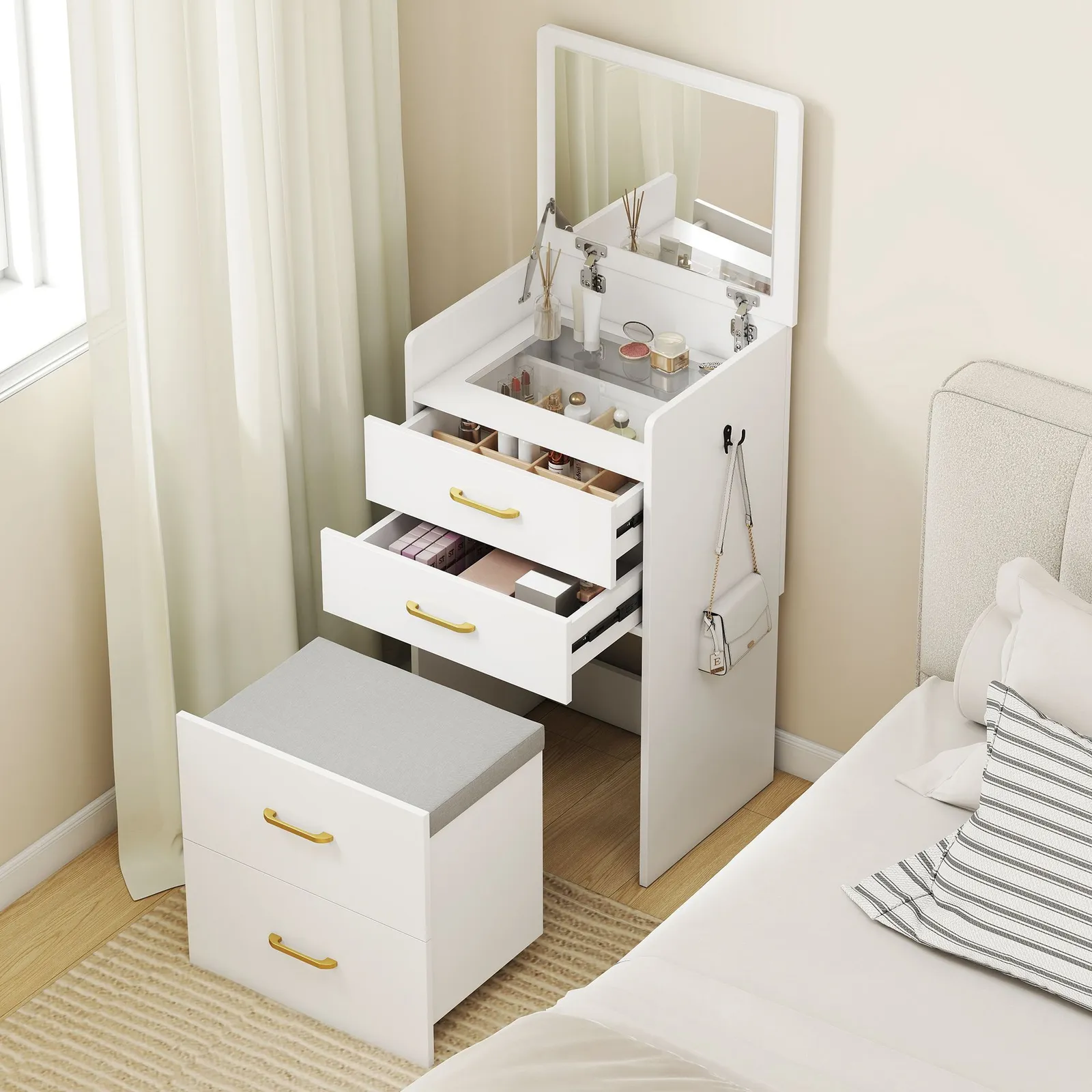 HOMCOM Two-Piece Dressing Table Vanity Desk with Mirror & Cushioned Stool in White