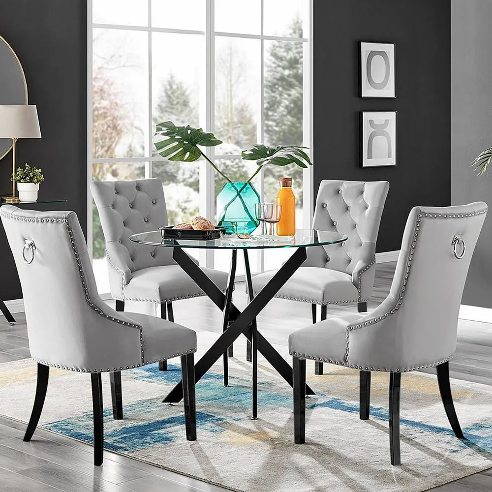 FurnitureboxUK Novara Black Leg Round Glass Table & 4 Grey Belgravia Black Leg Chairs