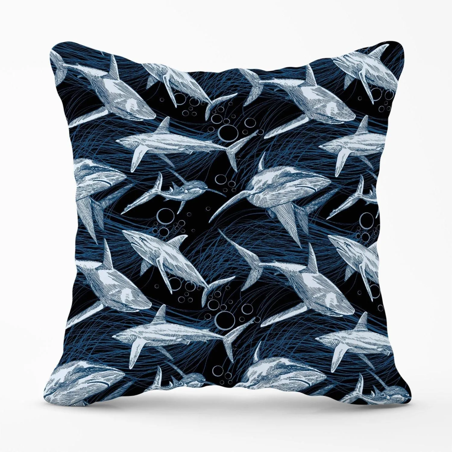 Warren Reed - Designer Hand Drawn Shark Pattern Outdoor Cushion in Blue