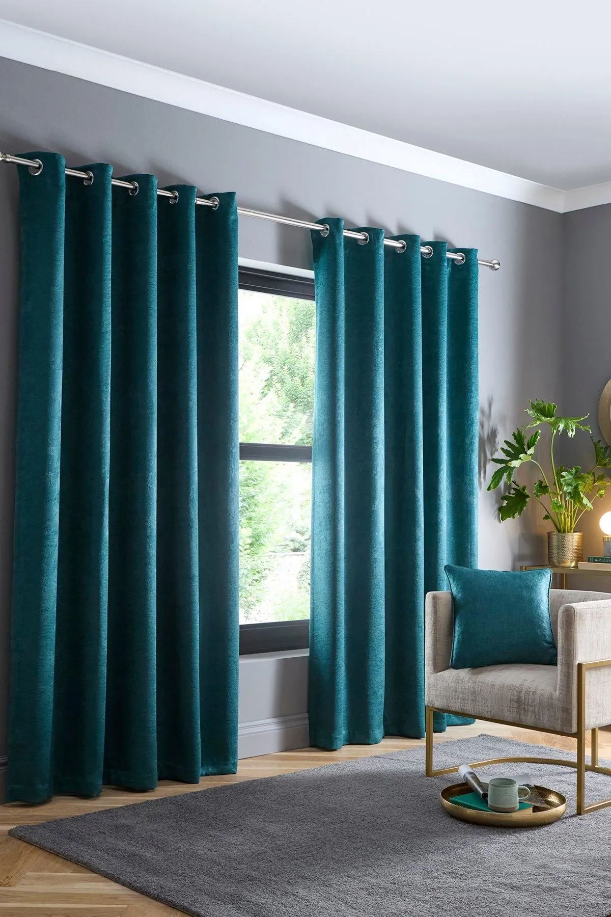 Fusion 'Strata' Triple-Woven Dimout Eyelet Curtains in Dark Green 1