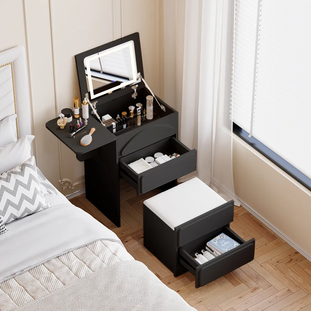 Modern Flip Top White Dressing Table with Chair with Charging Station Mini Dressing Table with Stool