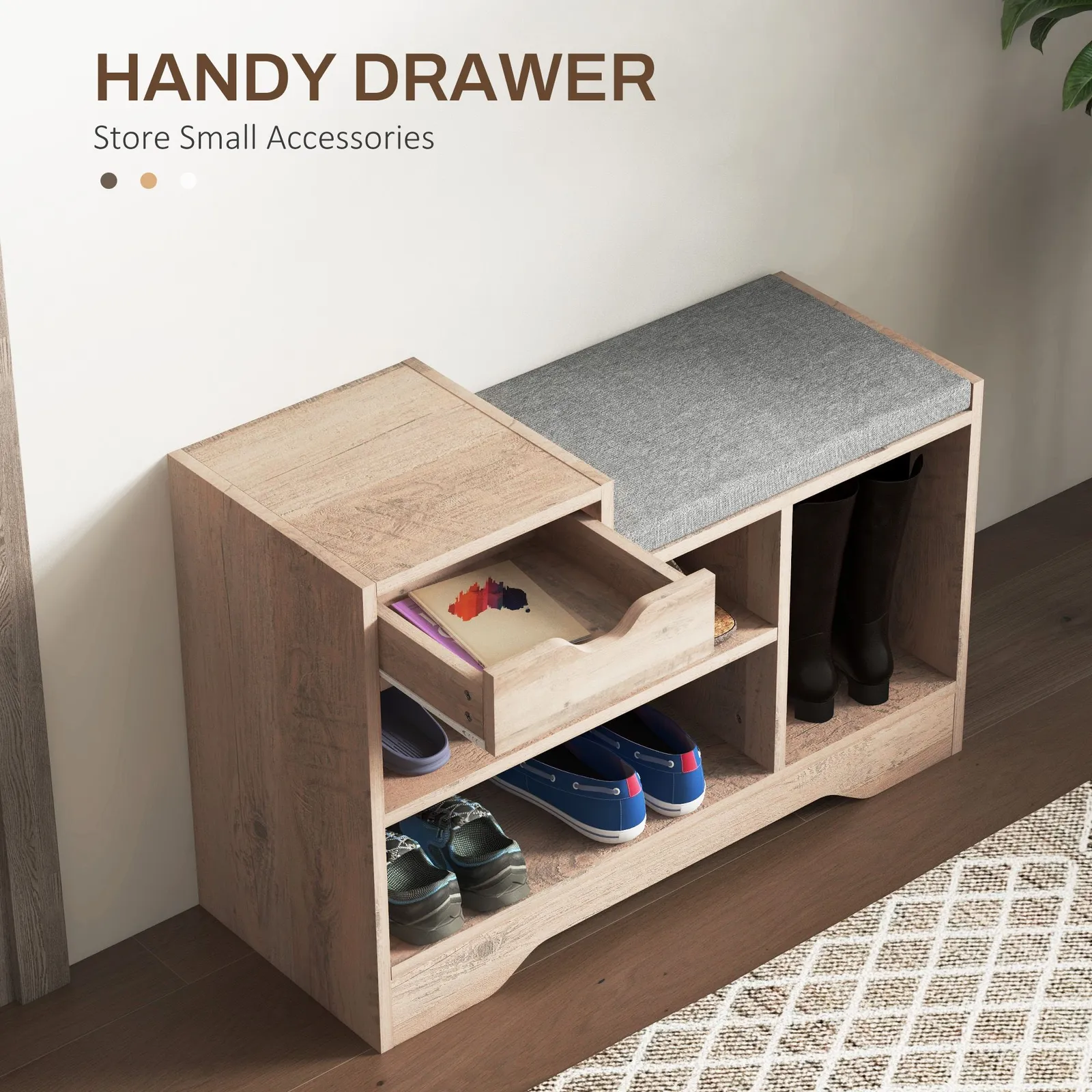 HOMCOM Upholstered Entryway Shoe Bench with Storage Drawer Distressed Grey 6