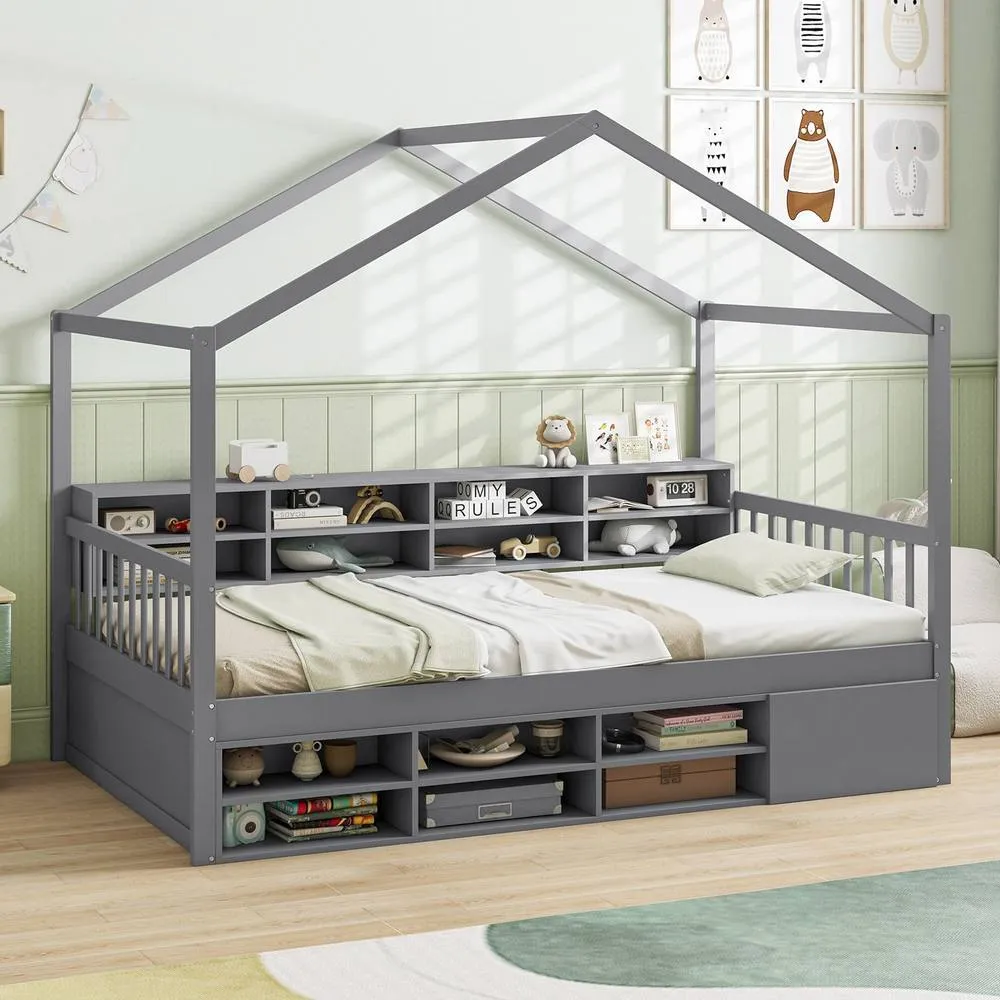 Costway Wooden Single Size House Bed with Roof & 14 Storage Cubes in Grey 3