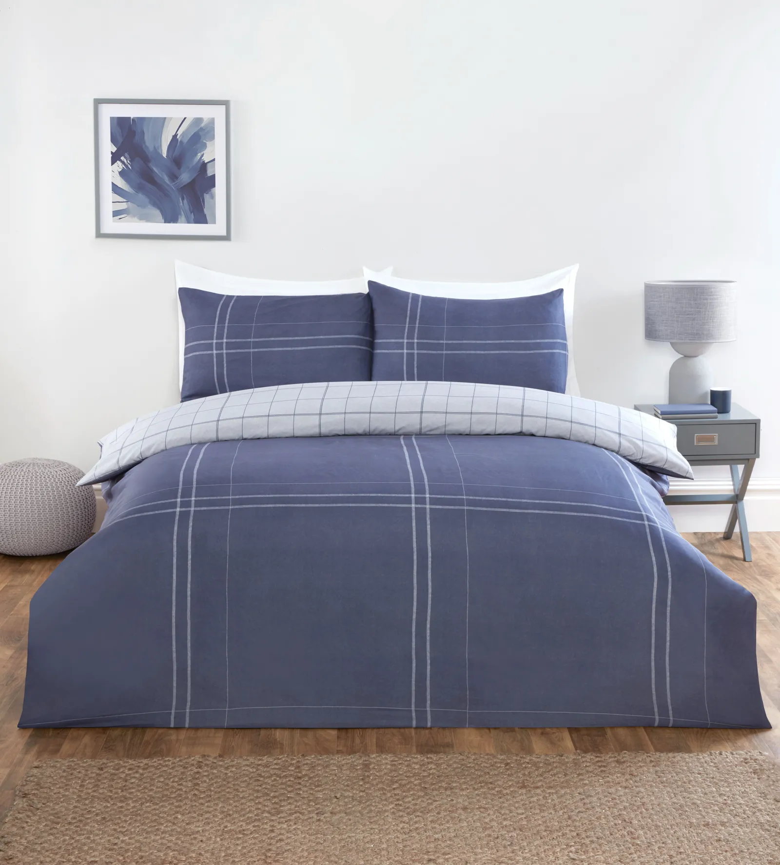Rapport Home Hudson Microfibre Check Complete Duvet Cover Set With Pillowcase in Mid Navy 3