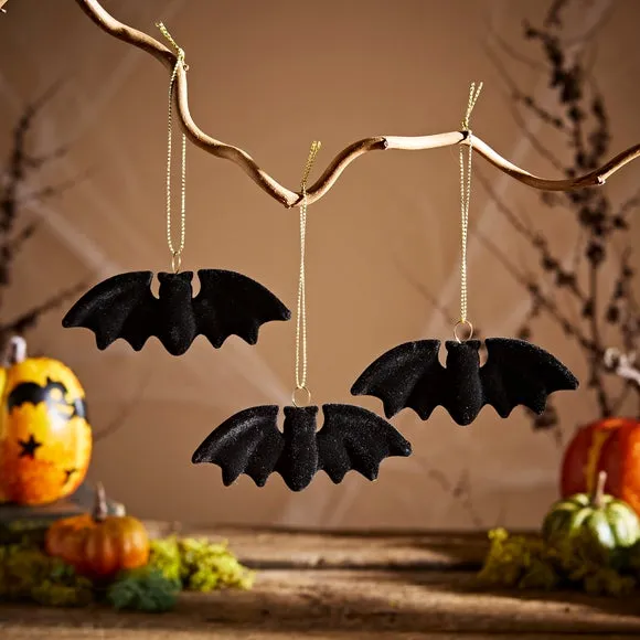 Set of 3 Flocked Hanging Bats