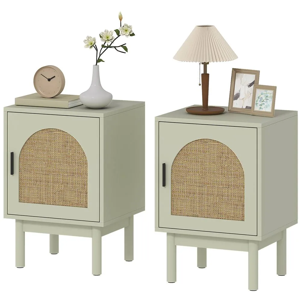 HOMCOM 2-Piece Rattan Bedside Table Set, Boho Cabinet, Light Green