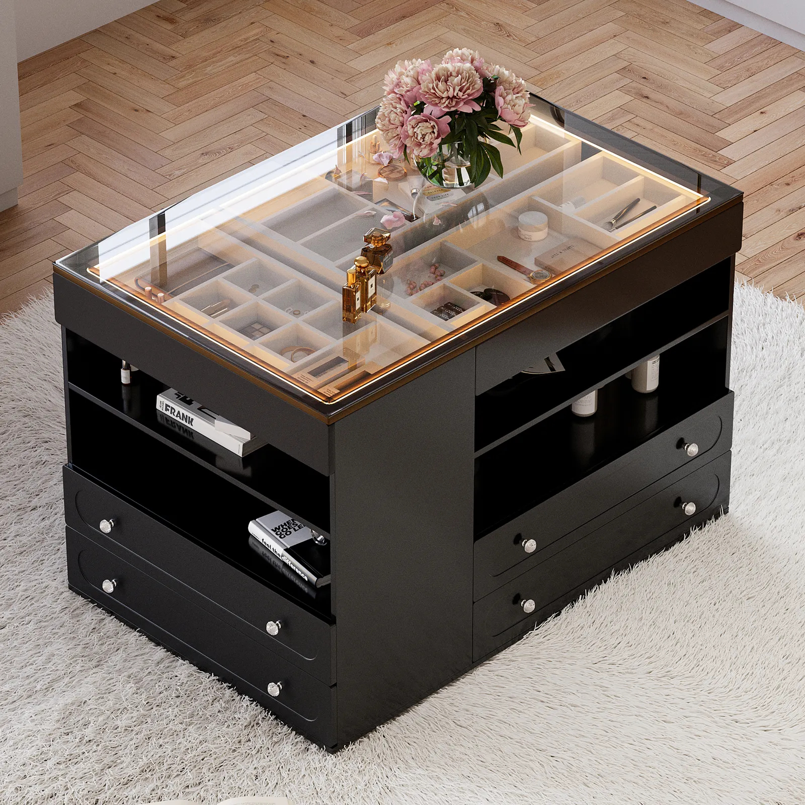 Modern Dresser Width of 120 cm with Jewellery Storage Walk-in Wardrobe Island with LED Light
