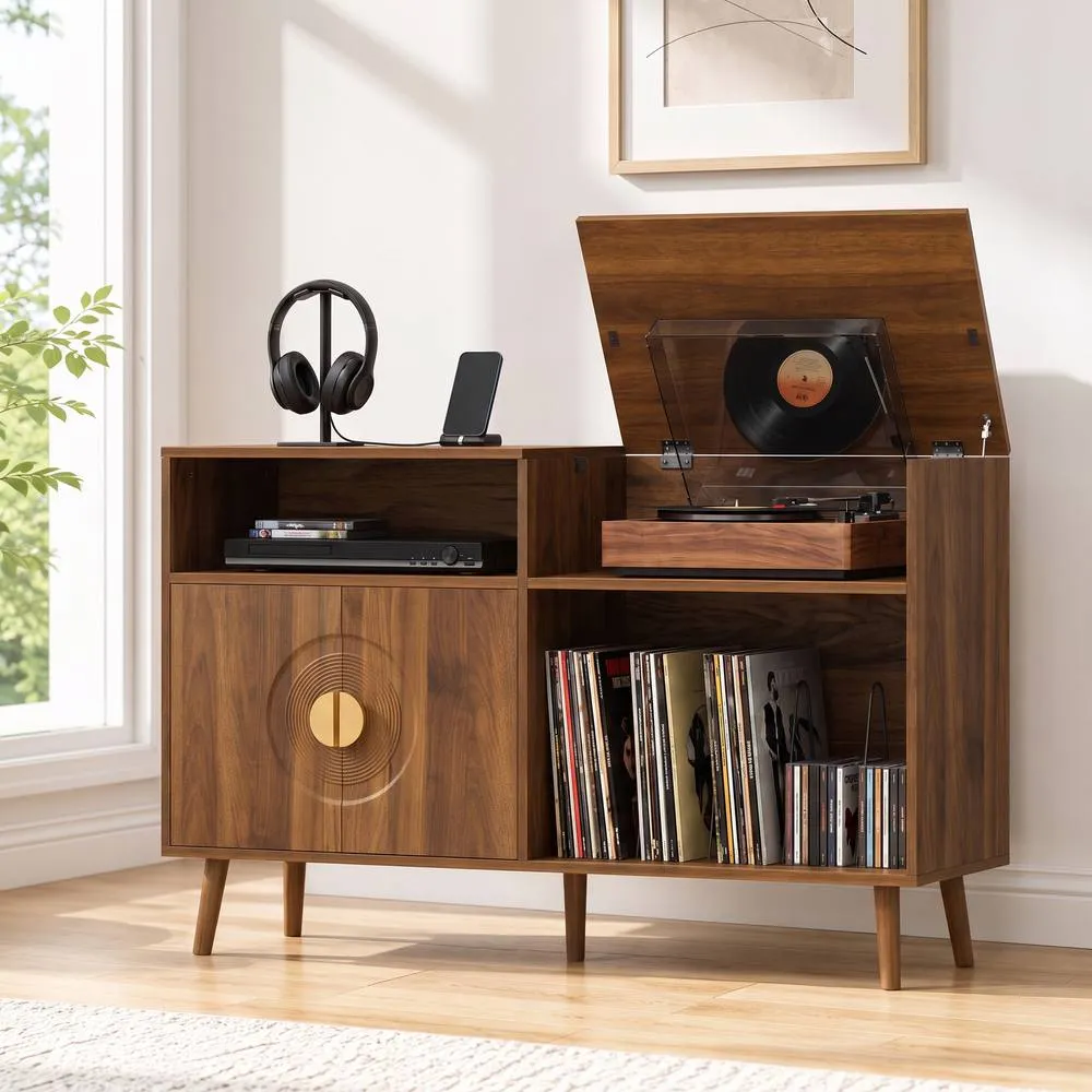 HOMCOM Record Player Stand Holds Up to 300 Albums with Cable Hole in Walnut 2