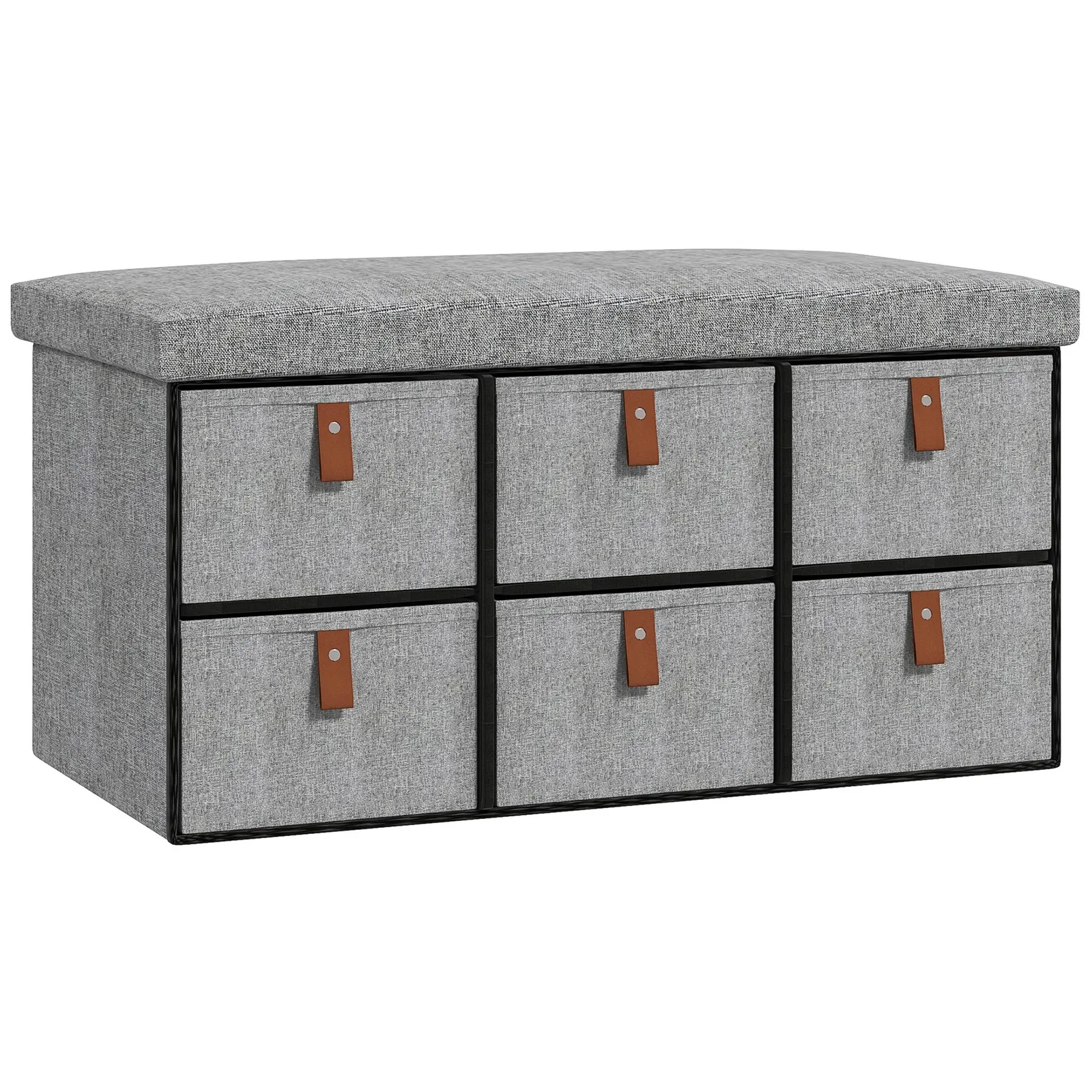 HOMCOM Shoe Bench with Cushioned Seat, 6 Fabric Drawers for Entryway Hallway in Light Grey 2