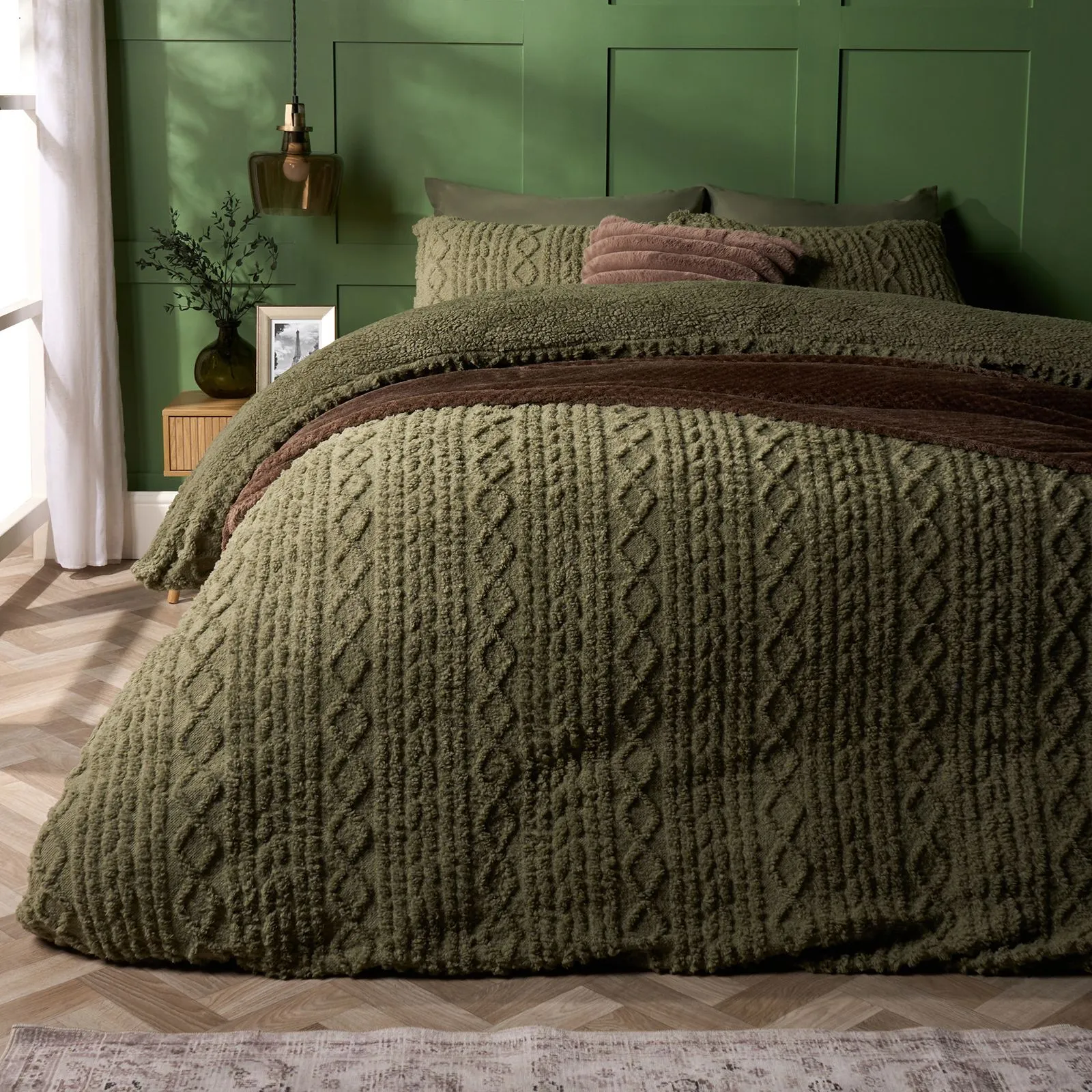 OHS Cable Knit Fleece Duvet Cover Set Warm Reversible Bedding in Olive