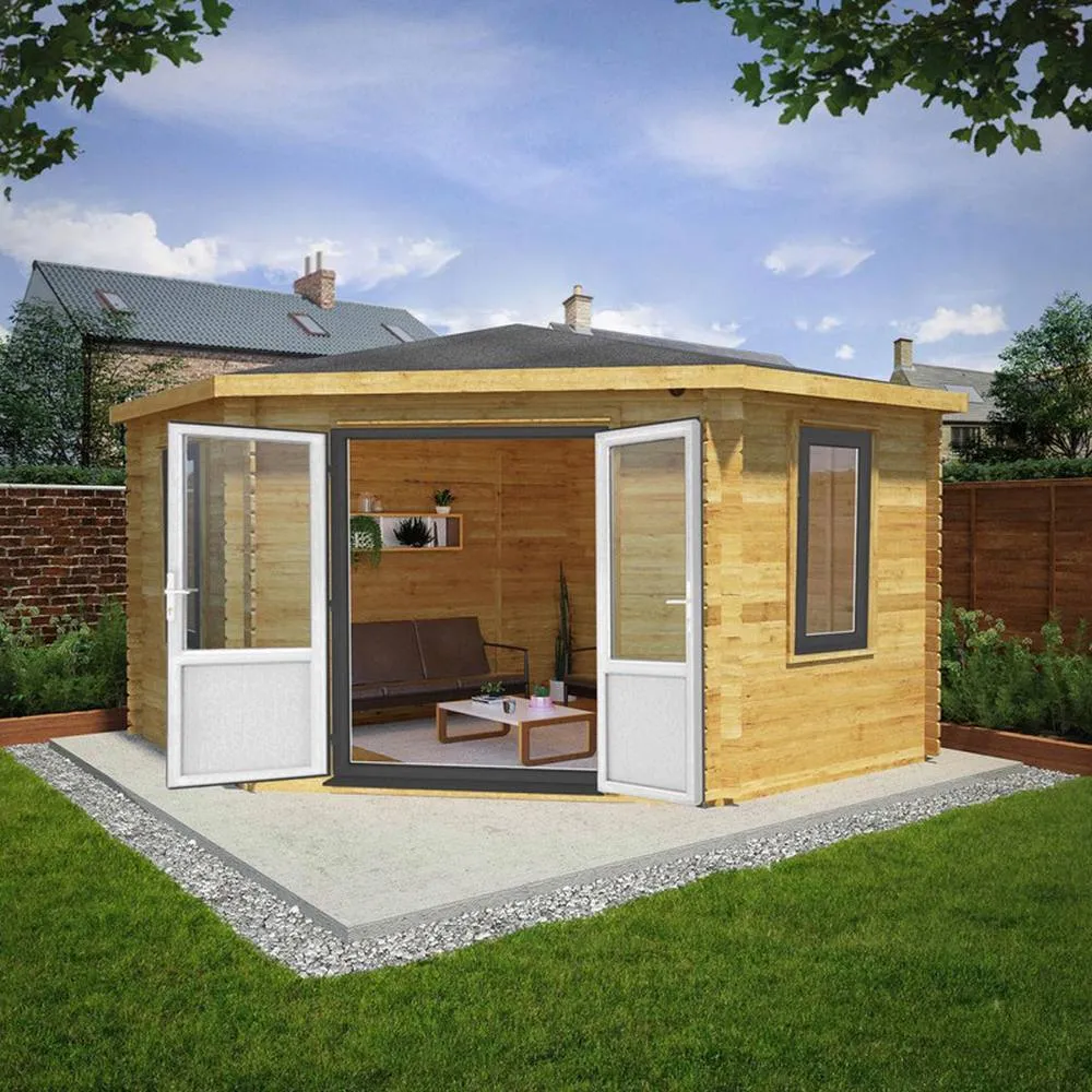 Mercia 44 mm Corner Cabin with UPVC Windows & Doors - L415 x W409 x H287 cm in Brown 6