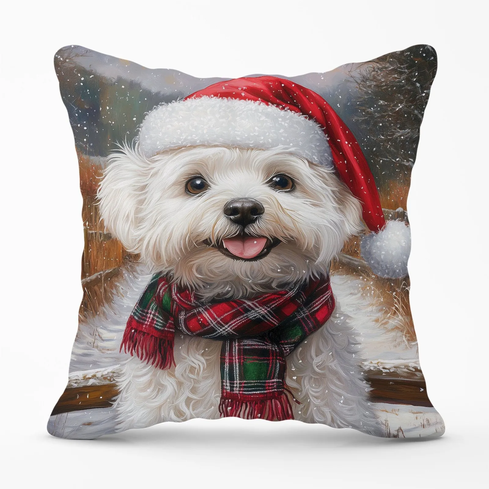 Warren Reed - Designer Snowy Christmas Bischon Frise Cushion in White
