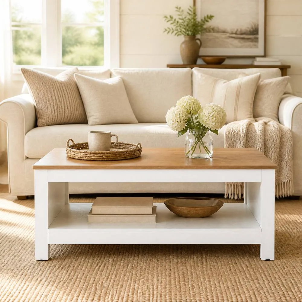 Costway 2 Tier Coffee Table Natural & White Center Table for Living Room 3