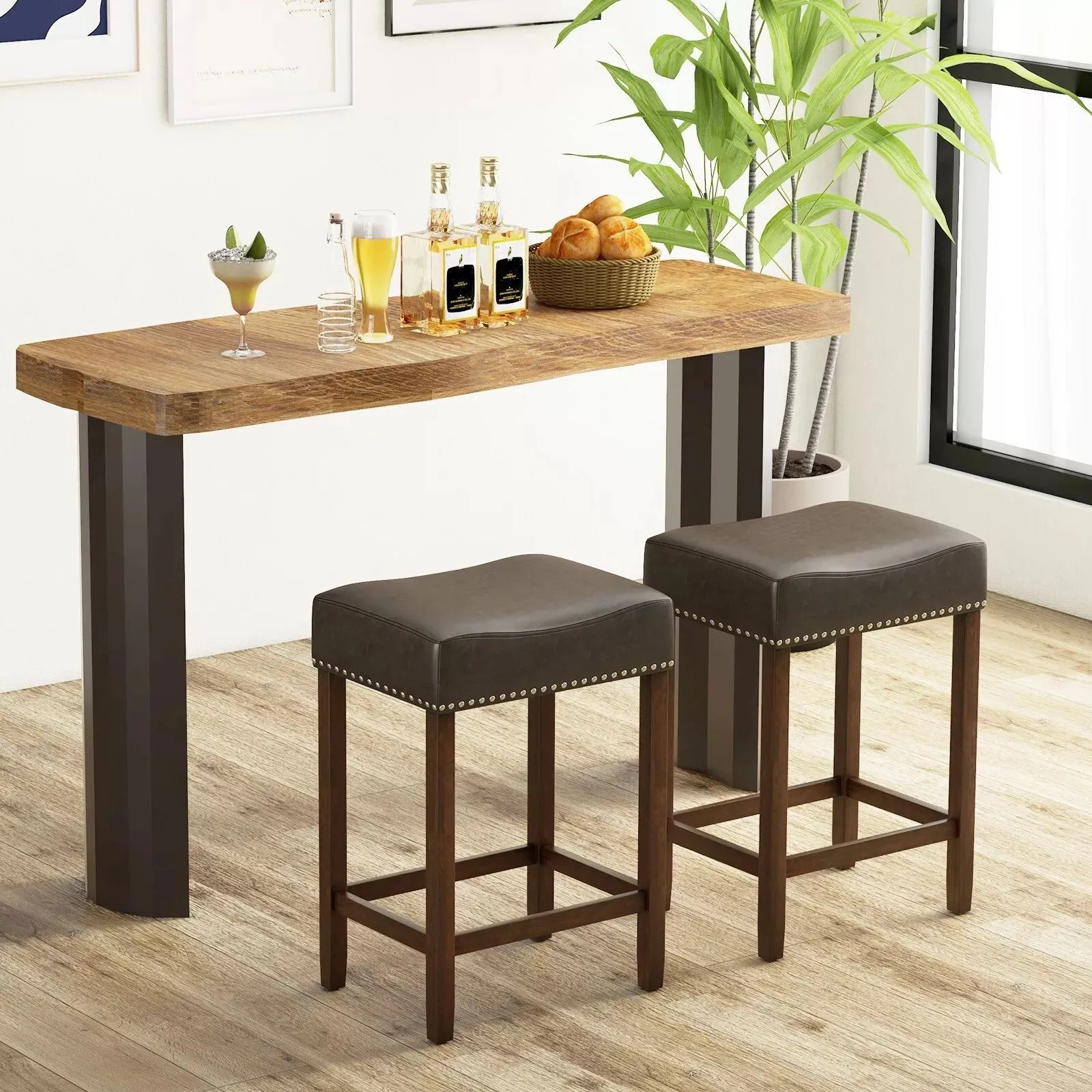 Costway Set of 2 Bar Stools Upholstered Counter Height Saddle Stools PU Leather 60cm in Grey 3