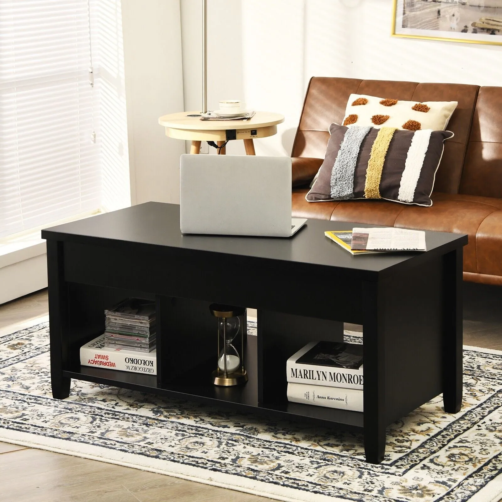 Costway Lift Top Coffee Table Modern Wooden Lift Top Dining Cocktail Table Living Room in Black 6