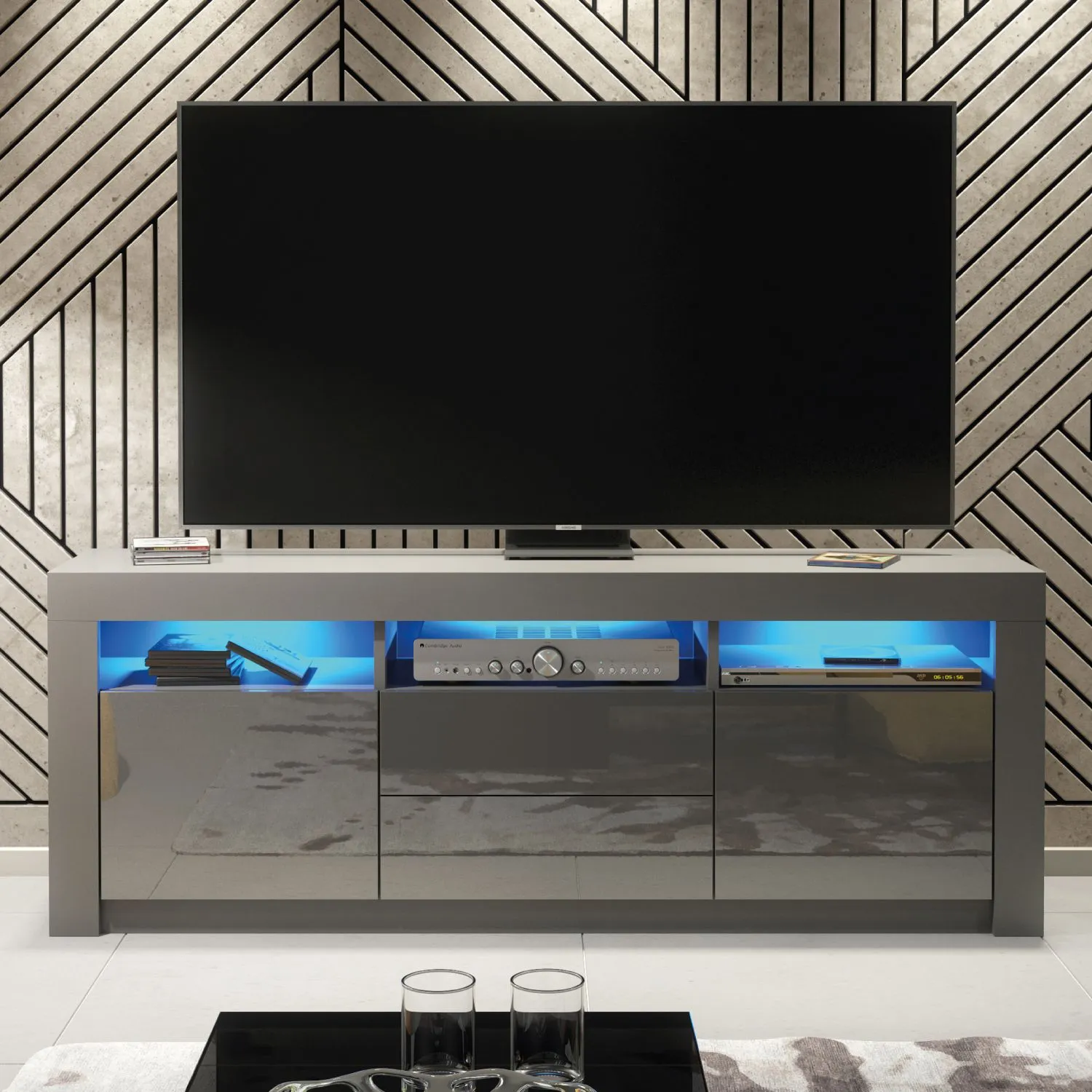 Creative Furniture Shine TV Unit 160cm - A Bright & Stylish Cabinet with Gloss Doors & LED Lights in Dark Grey