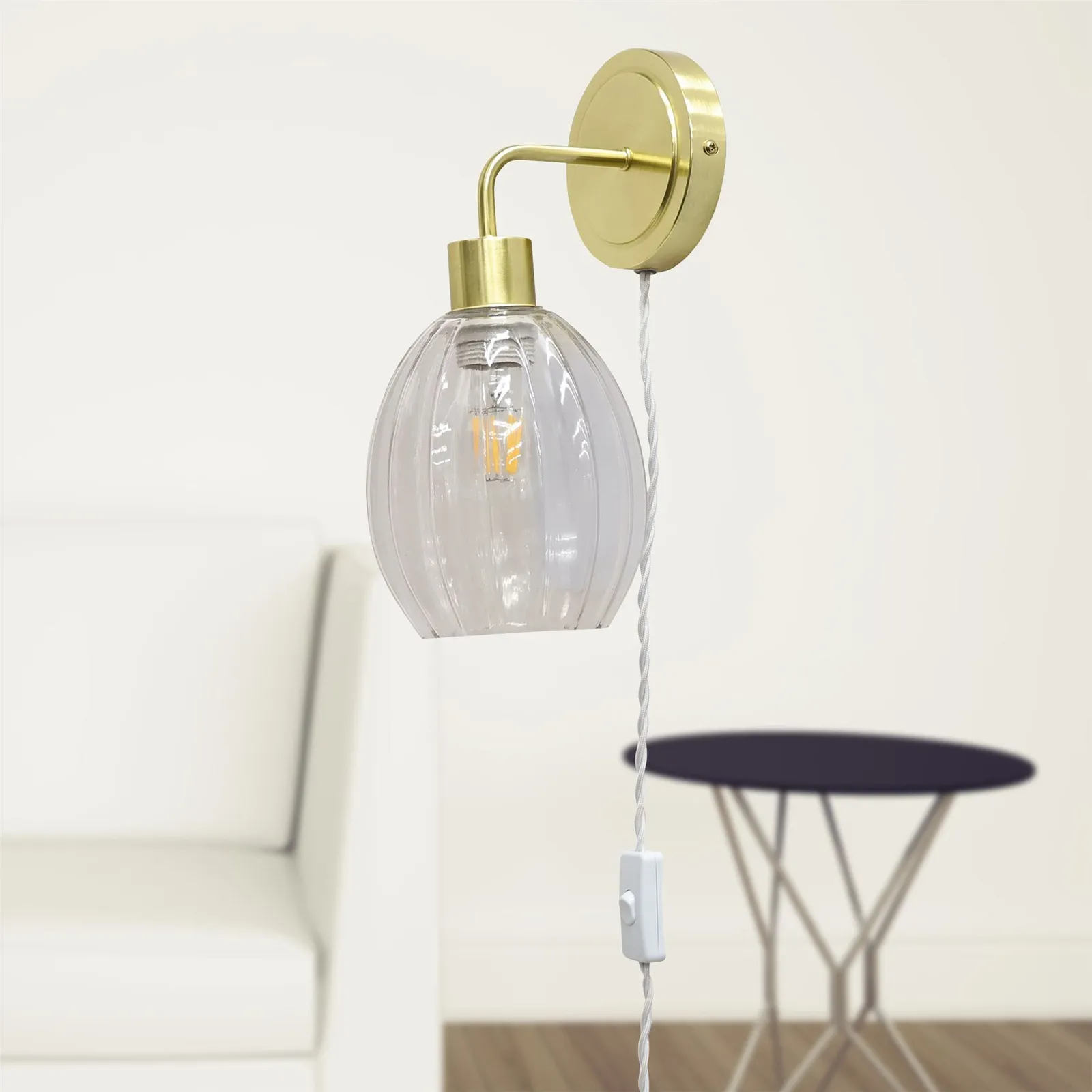 First Choice Lighting Set of 2 Toby - Satin Brass Plug in Wall Lights Fluted Shades in Gold 5