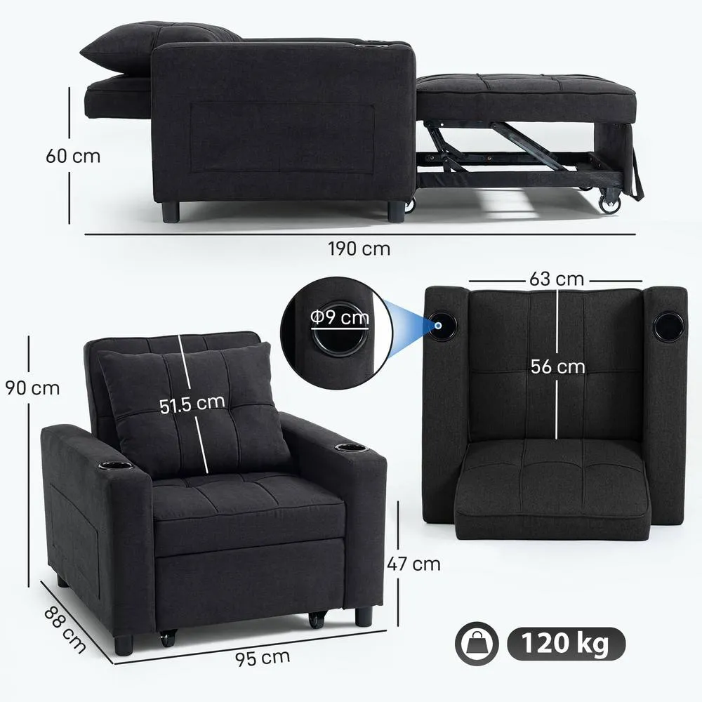 HOMCOM 3-in-1 Sofa Bed, Convertible Sleeper Chair with Adjustable Backrest in Black 3