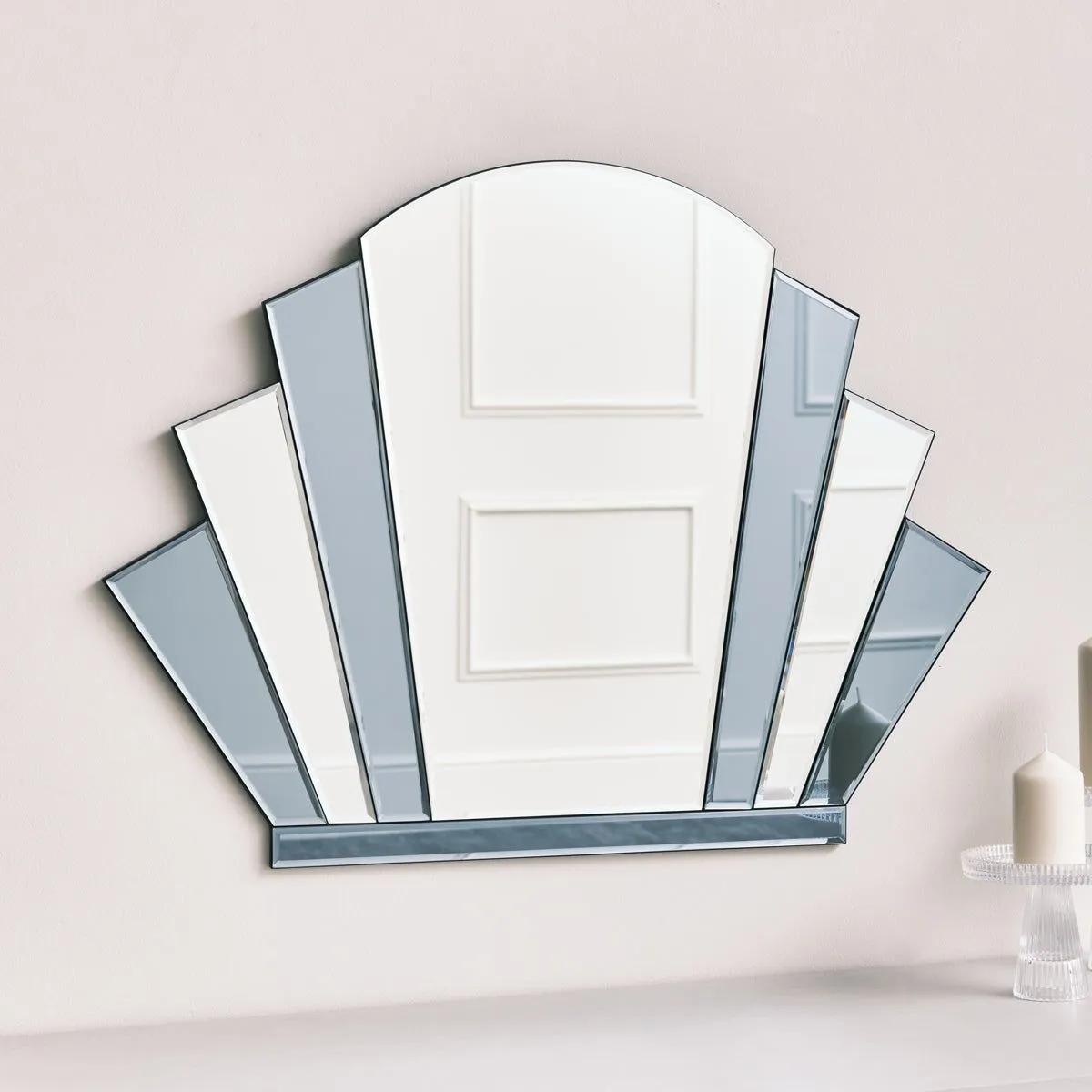 Melody Maison Grey Glass Art Deco Arch Fan Wall Mirror 80cm X 60cm in Light Grey