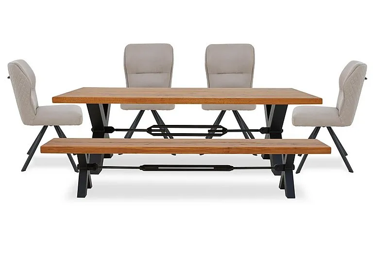 Terra Straight Edge Dining Table with Tension Bolt X-Leg, Bench and 4 Taupe Fabric Swivel Chairs - 220-cm