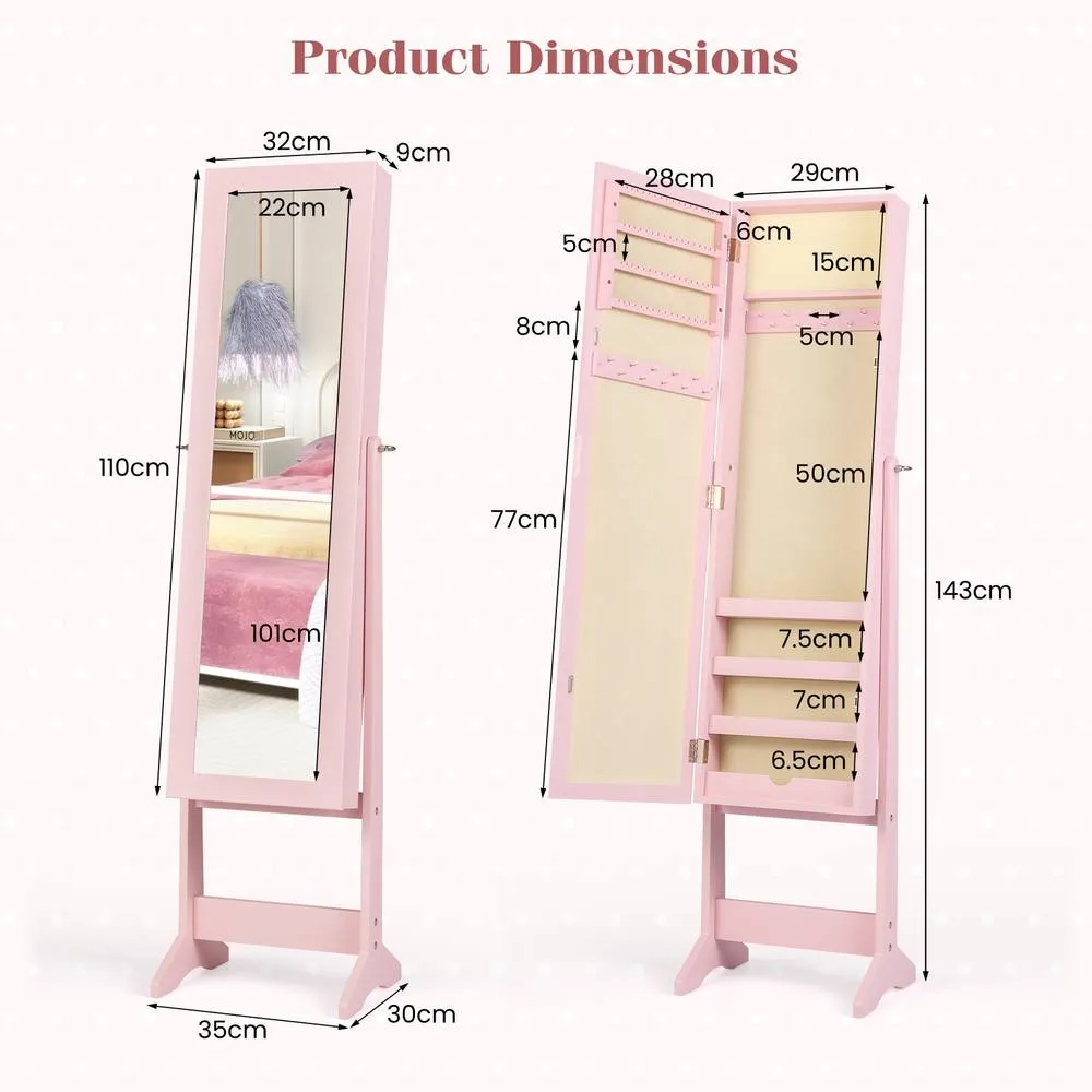 Costway Mirrored Jewelry Armoire Standing Jewelry Cabinet in Pink 2