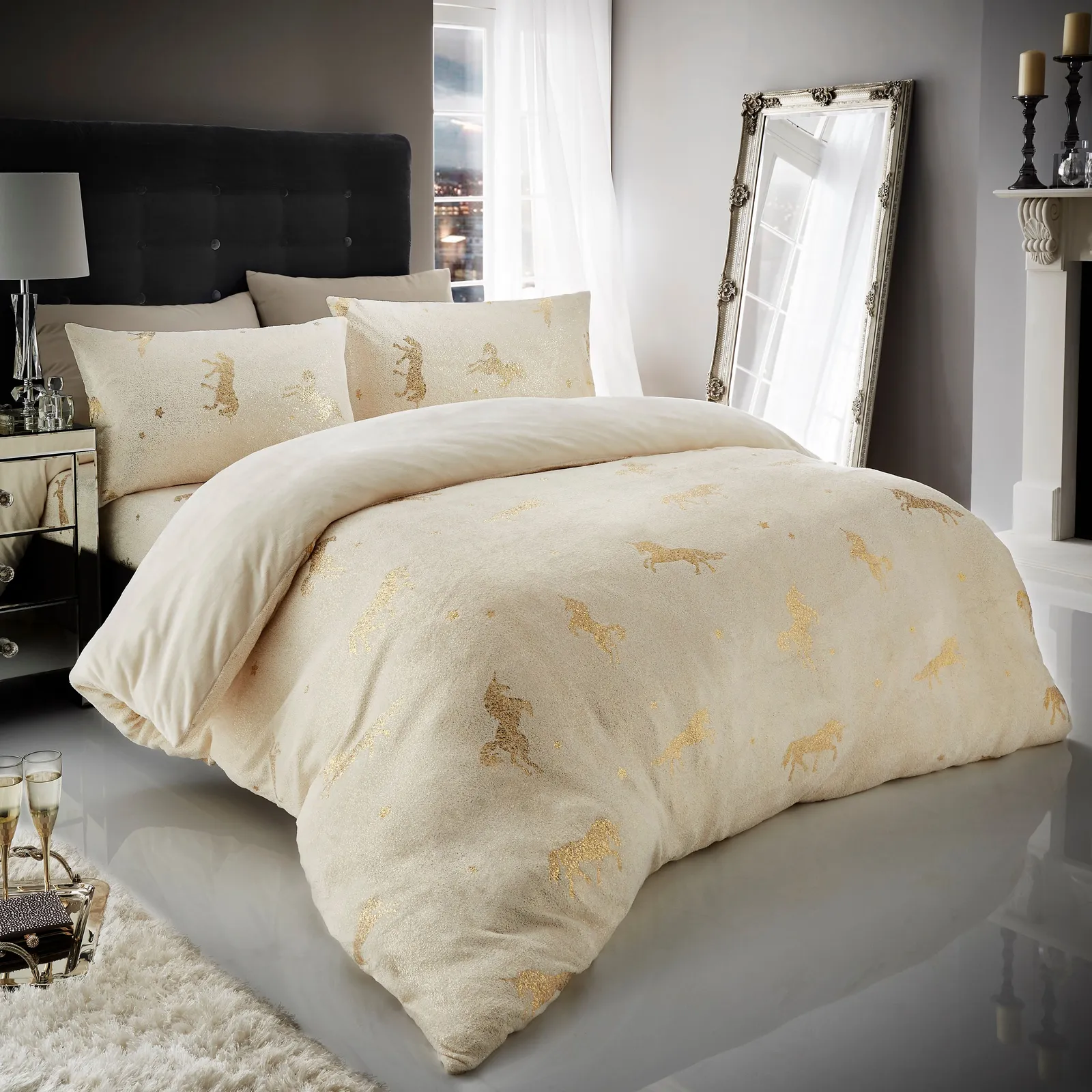 Smart Living Teddy Unicorn Star Foil Duvet Cover & Pillowcase Set in Cream