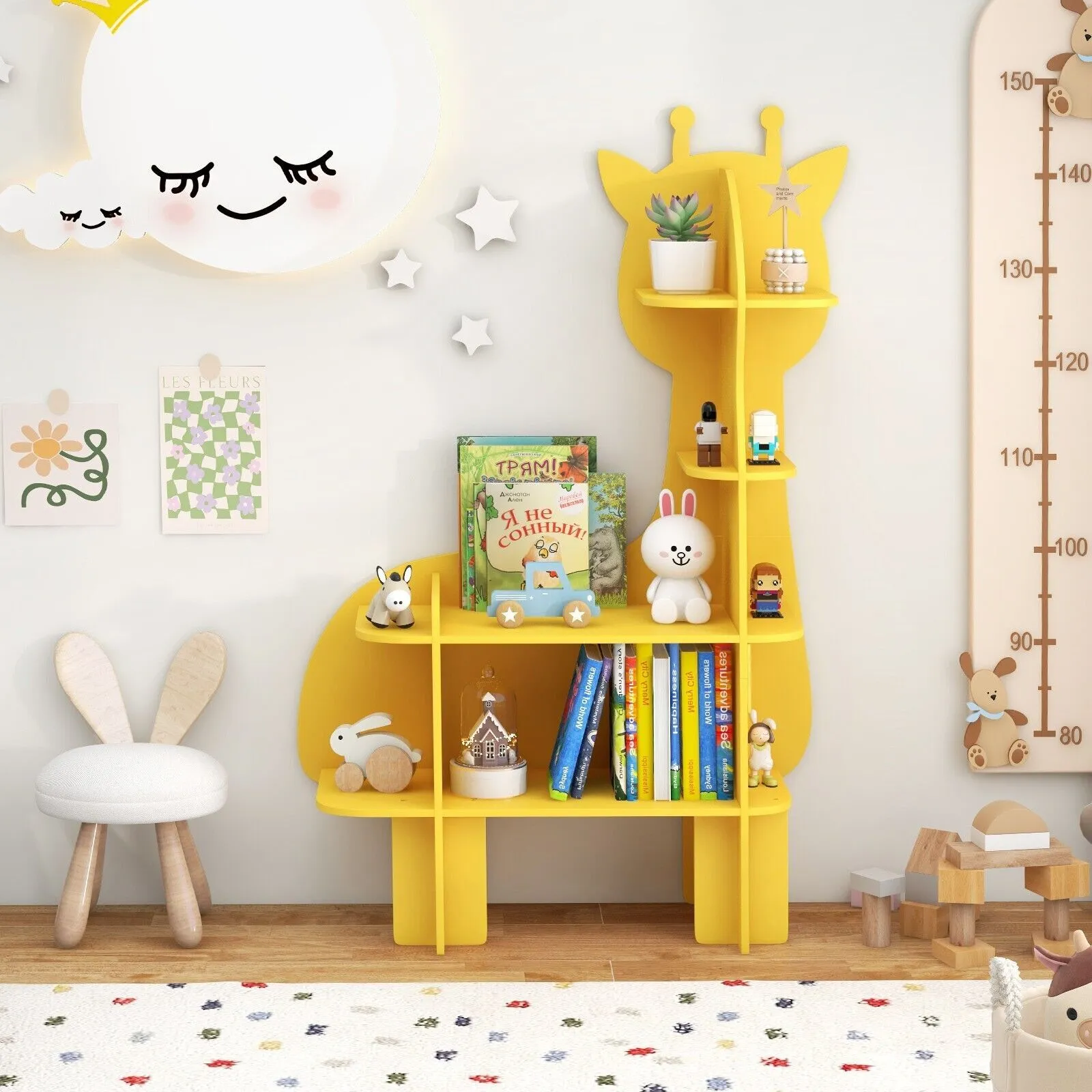 Costway Giraffe Bookcase 4 Tiers Toy Storage Organizer Wooden Bookshelf in Yellow 4