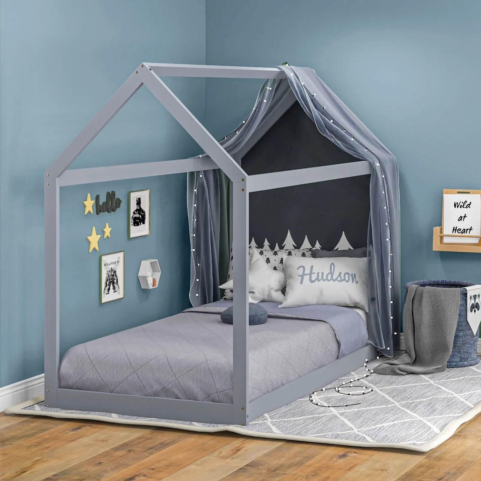 HOMCOM Wooden Single Bed Frame with Tree House Style in Grey 2