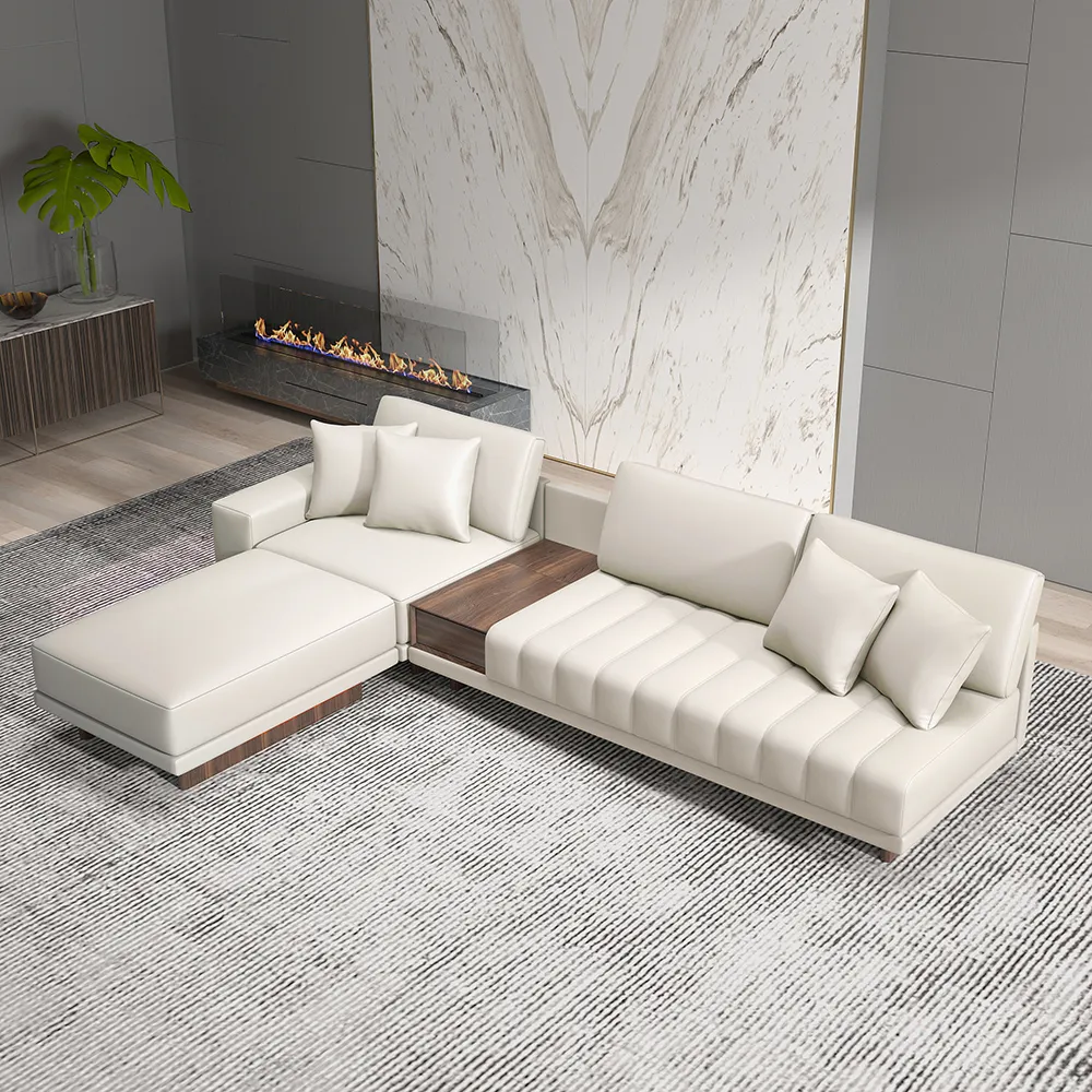 320 cm Leather L-Shaped Modular White Sectional Sofa with Storage Side Table and Ottoman