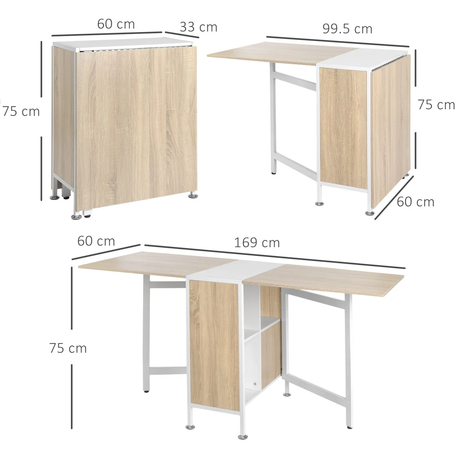 HOMCOM Folding Table Computer Desk Workstation with Storage Shelves in Light Brown 3