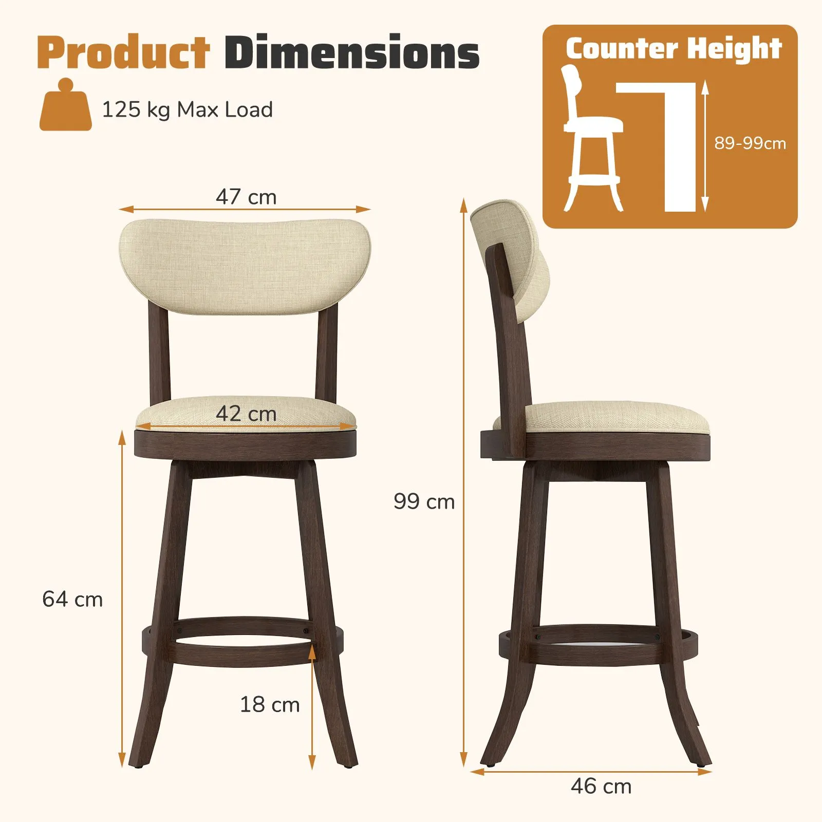 Costway 64CM Counter Height Chairs Set of 2 Swivel High Stool in Beige 2