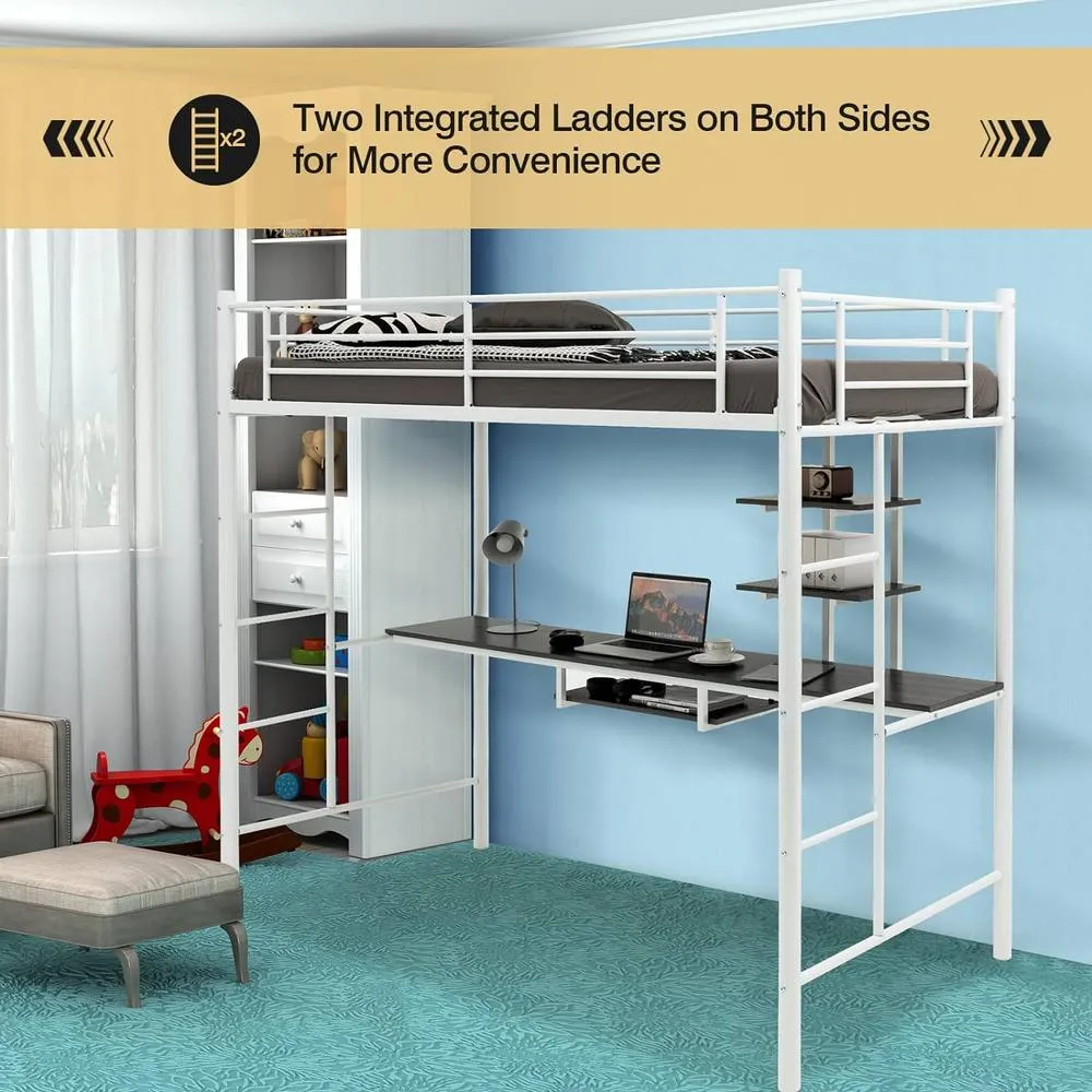 Costway 3.5FT Single Metal Loft Bed Frame High Sleeper Bunk Bed W/ Desk Storage Shelves in White 3