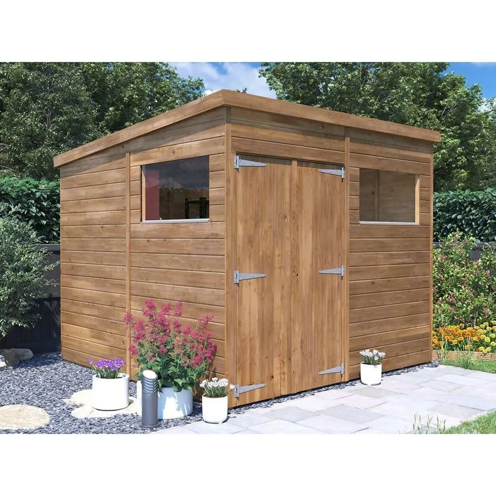 Dunster House Wooden Bike Shed Garden Building 2.4 x 2.4m Pent Roof Overlord Modular in Brown 3