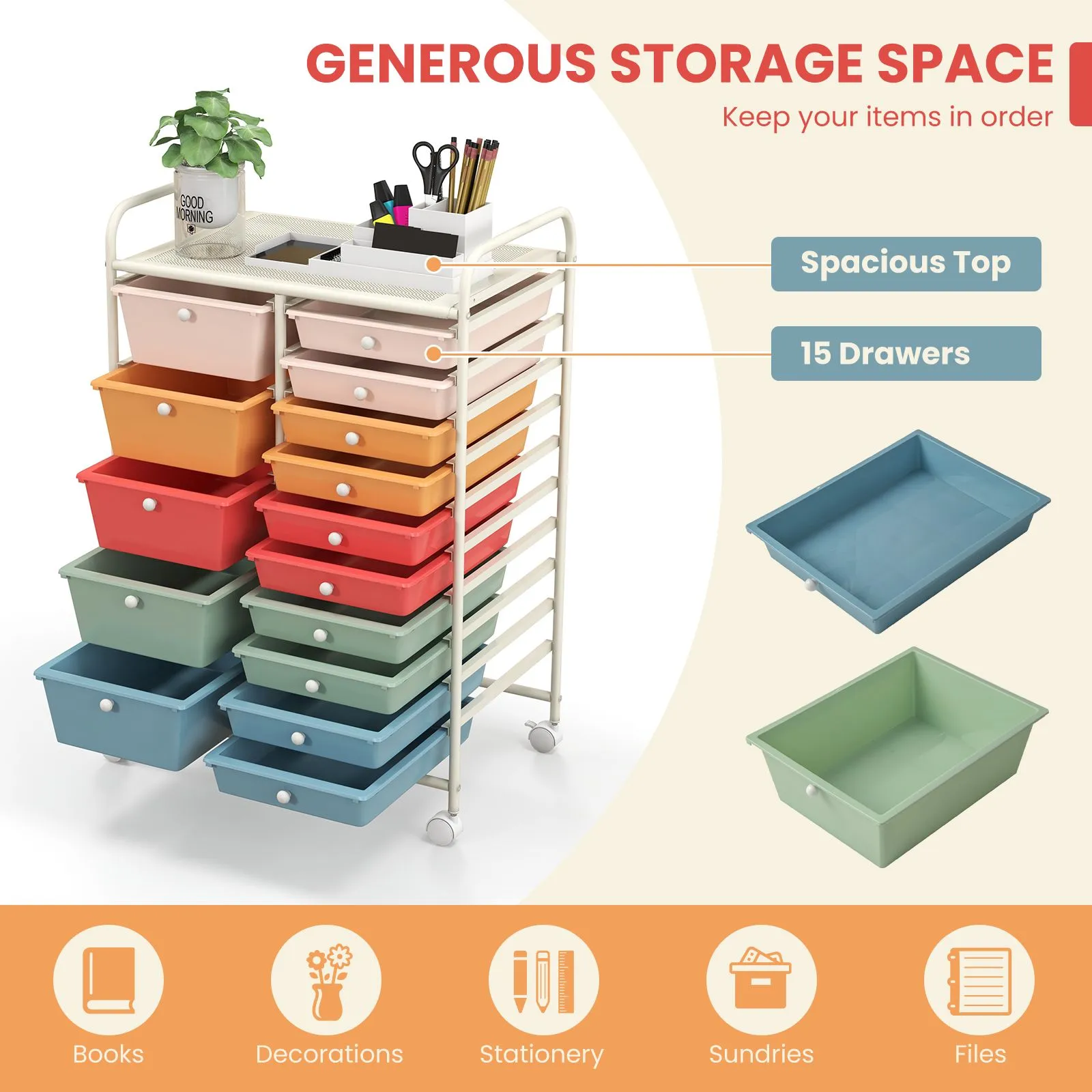 Costway 15 Drawer Rolling Storage Cart Tools Scrapbook Paper Organizer Lightweight 5
