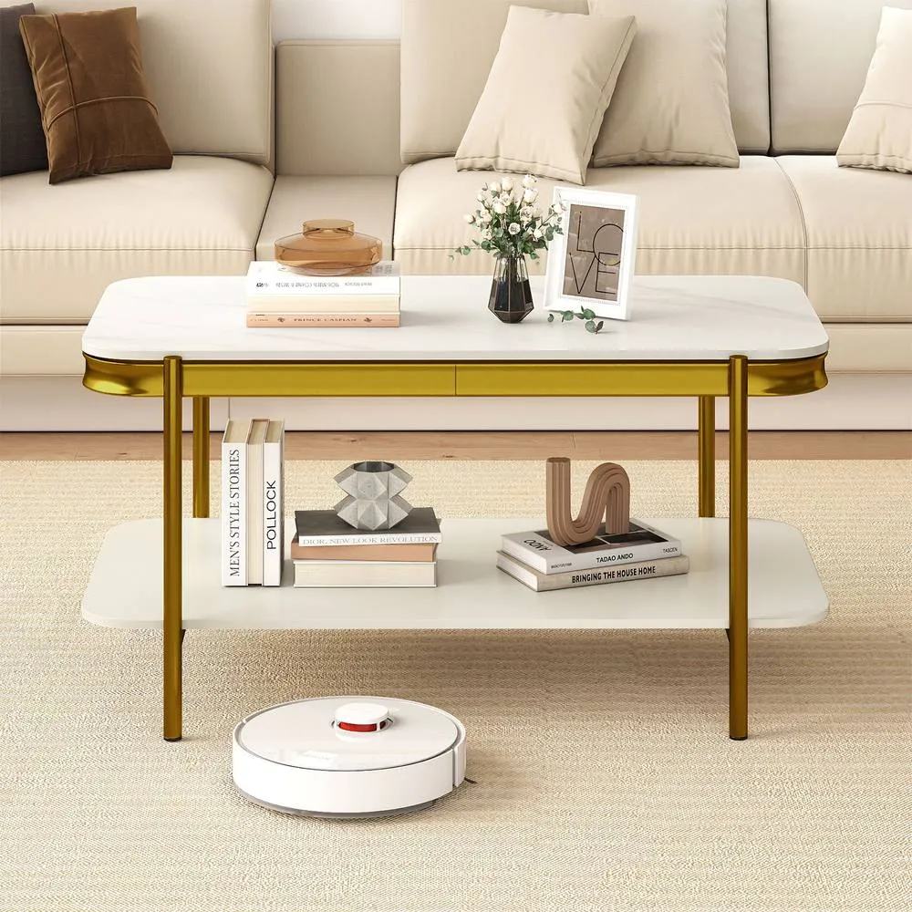 Costway Modern Rectangular Coffee Table 2-Tier Center Table in White 5