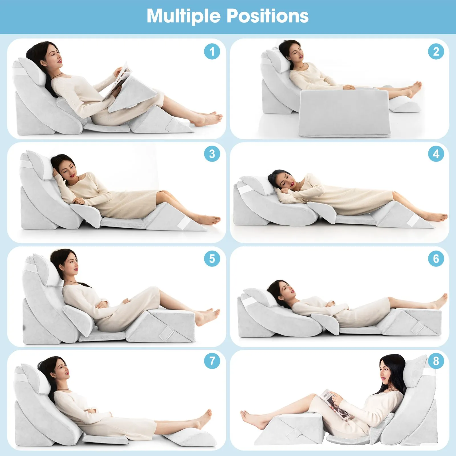 Costway 7 PCS Adjustable Support Pillow Set Bed Wedge Pillows Triangle Sit-up Pillow in White 6