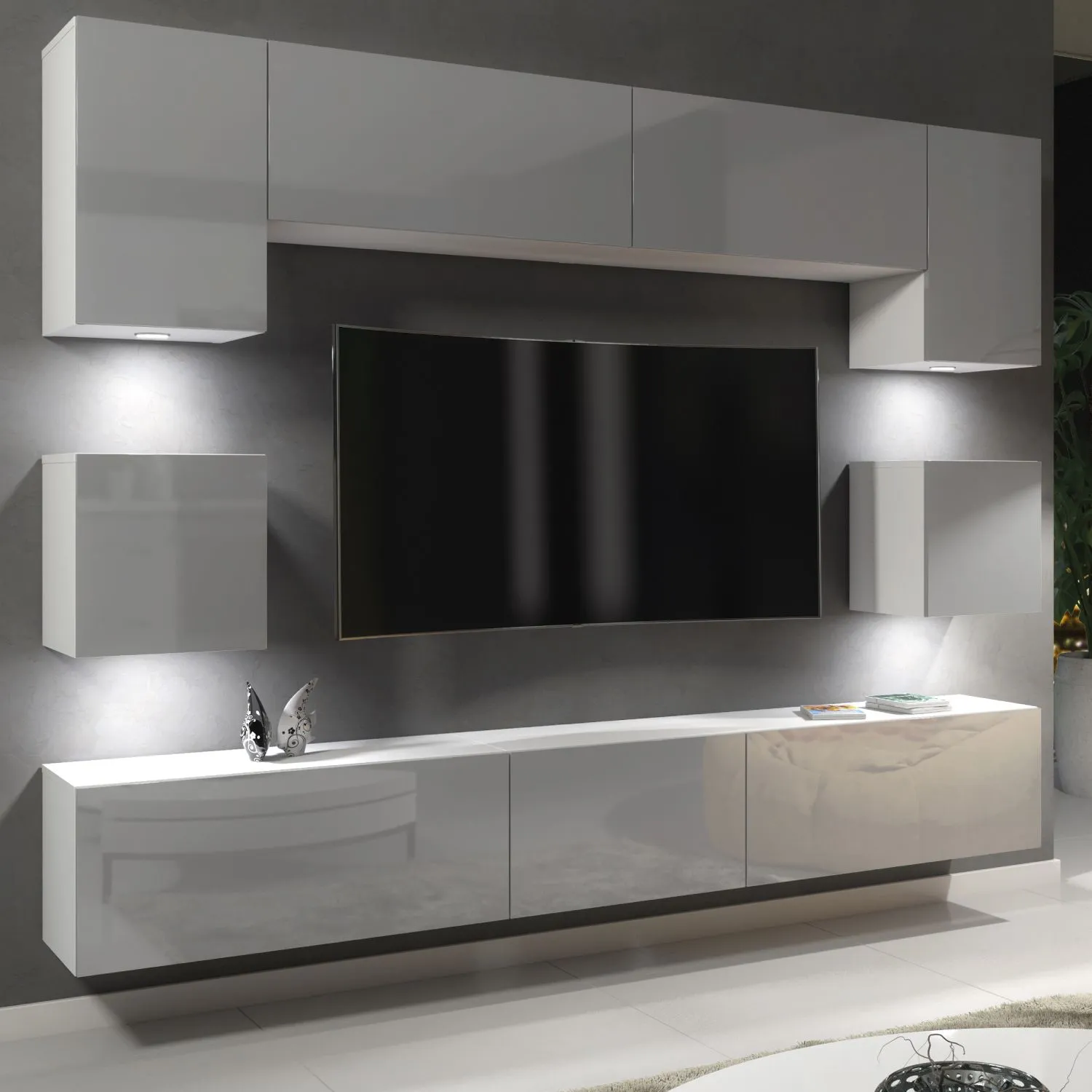 Creative Furniture Panorama Wall TV Unit - A Sleek & Modern Wall Cabinet with Gloss Doors & LED Lights in Grey