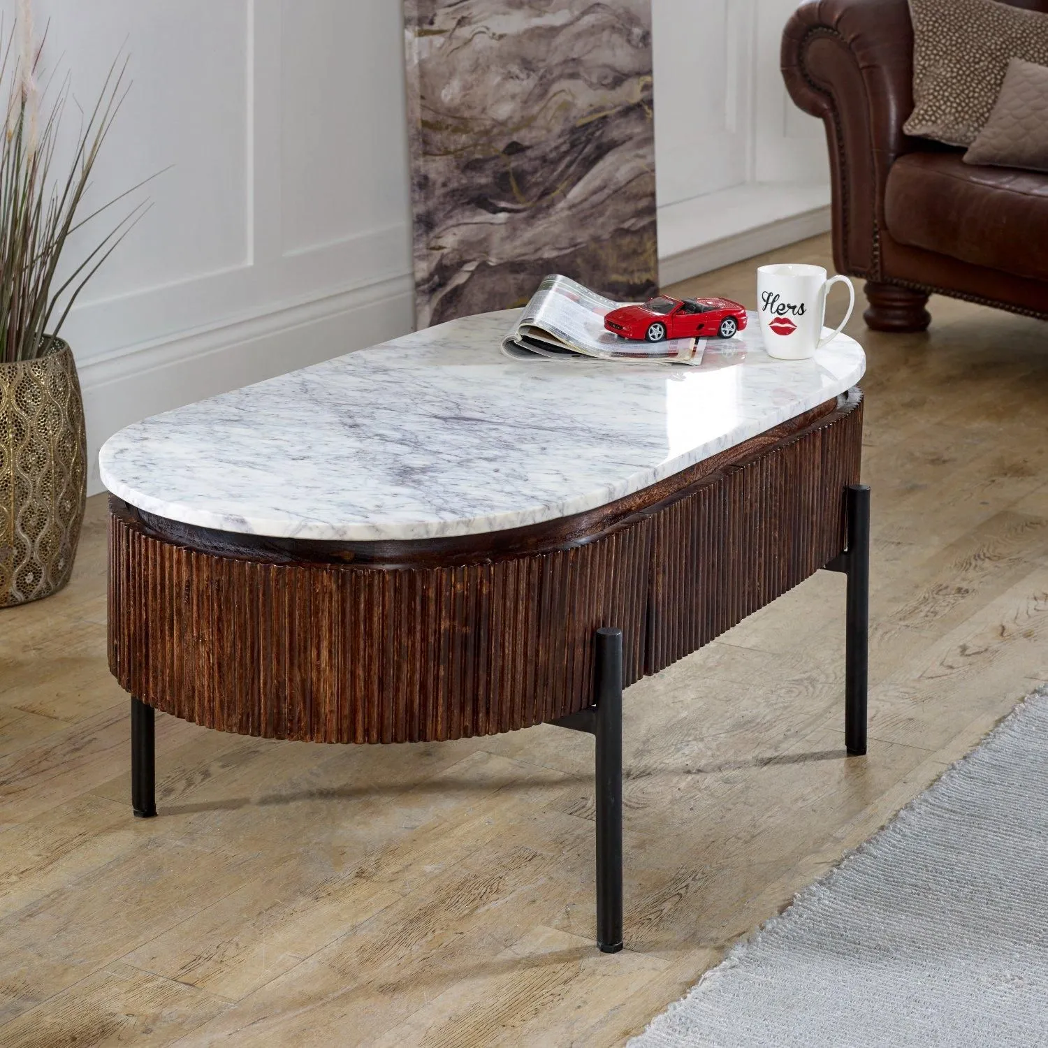 IH Design Tilden Marble & Mango Wood Rectangular Fluted Coffee Table in White 3