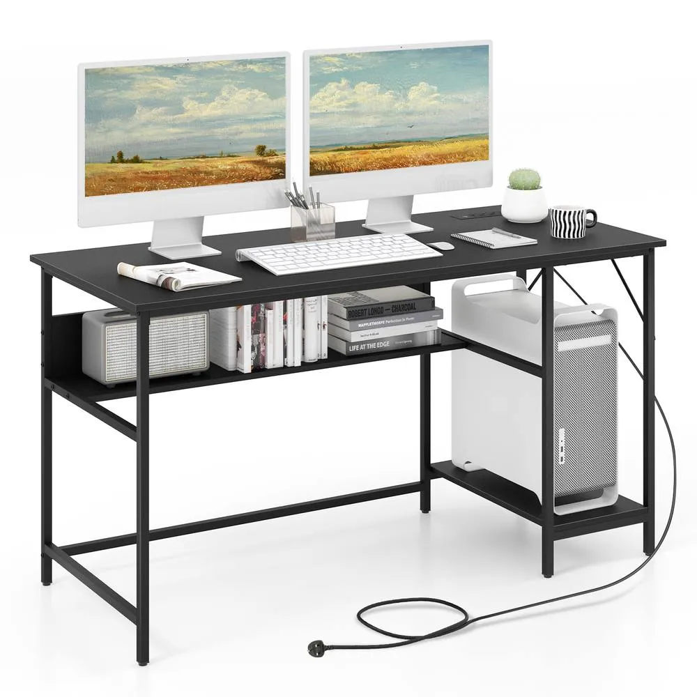 Costway 140 x 60 CM Computer Desk w/ Charging Station & 4 Power Outlets in Black 3