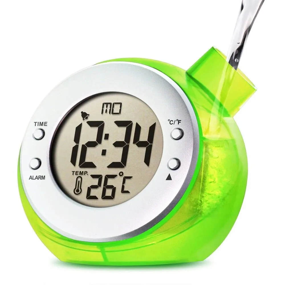Smart Living Water Powered Multi Function Digital Battery-Free Kettle Shape Desk Clock in Green 1