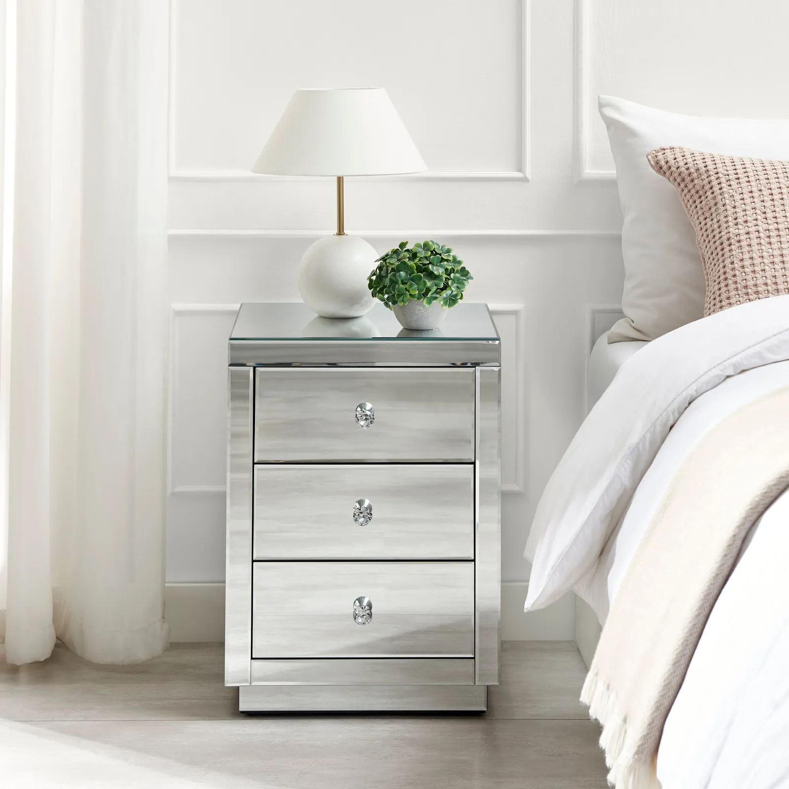 FurnitureboxUK Italian Inspired Contemporary Mirrored 3 Drawer Rectangular Bedside Table with Crystaline Shaped Handles in Silver 2